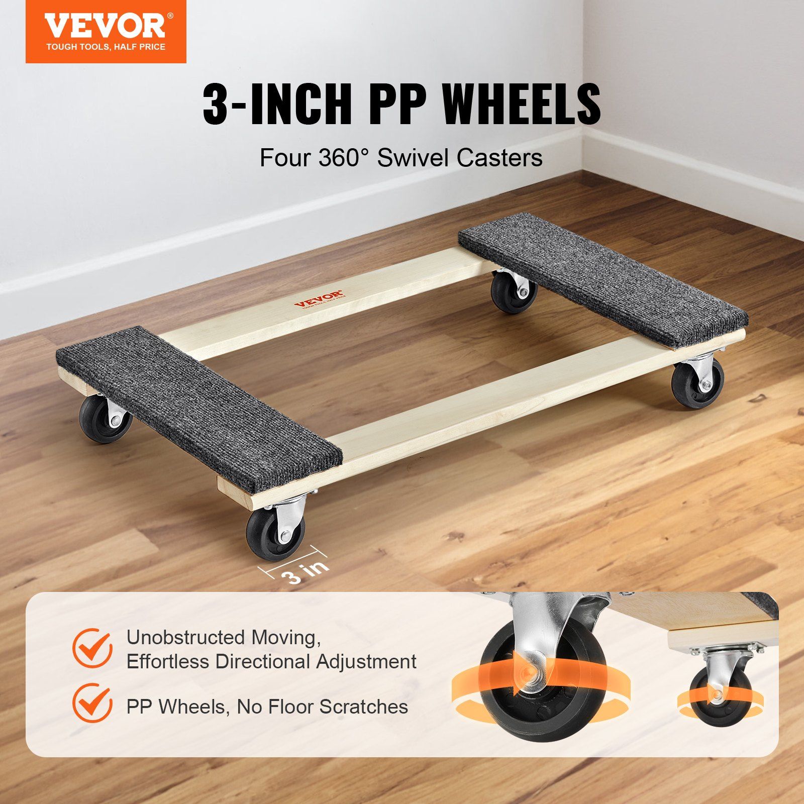 Furniture Dolly, 454kg Load Capacity, 457.2x762mm, 4x76mm PP Swivel Casters, Heavy Duty Hardwood Furniture Moving Dolly, Mover's Dolly, Moving Cart with Wheels for Heavy Furniture Home Cleaning - Image 2