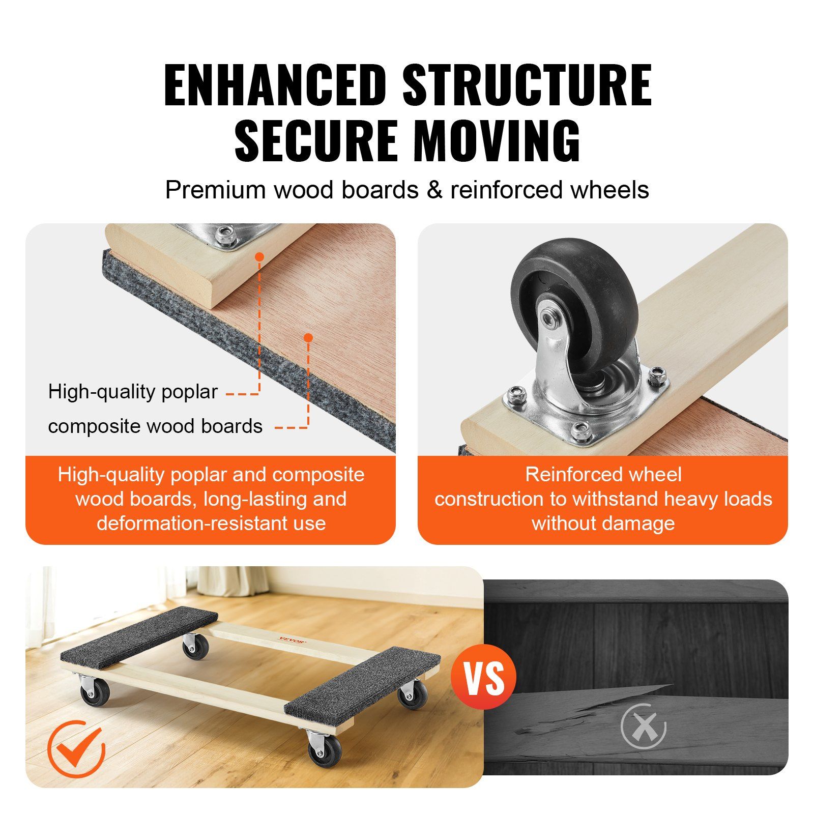 Furniture Dolly, 454kg Load Capacity, 457.2x762mm, 4x76mm PP Swivel Casters, Heavy Duty Hardwood Furniture Moving Dolly, Mover's Dolly, Moving Cart with Wheels for Heavy Furniture Home Cleaning - Image 4