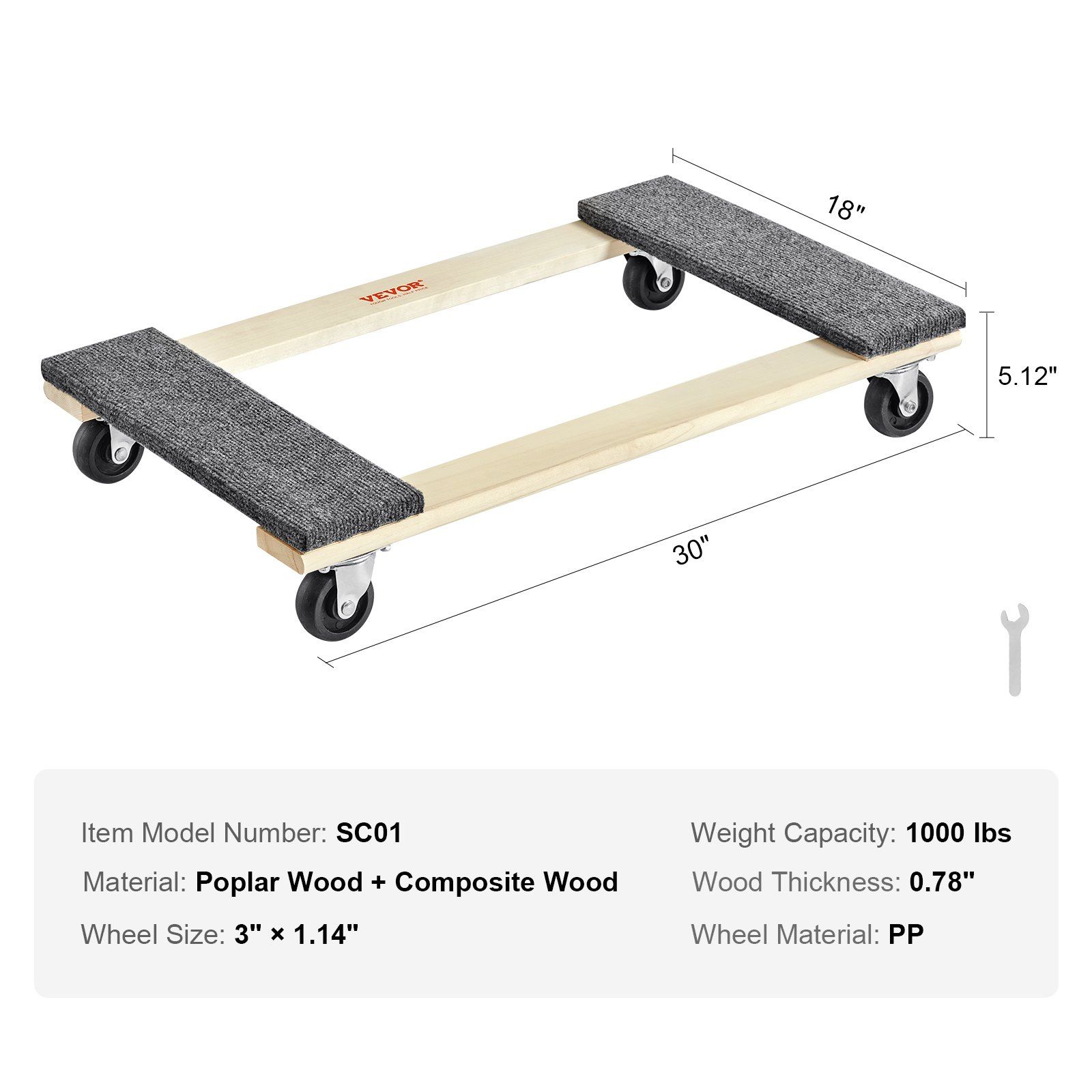 Furniture Dolly, 454kg Load Capacity, 457.2x762mm, 4x76mm PP Swivel Casters, Heavy Duty Hardwood Furniture Moving Dolly, Mover's Dolly, Moving Cart with Wheels for Heavy Furniture Home Cleaning - Image 7