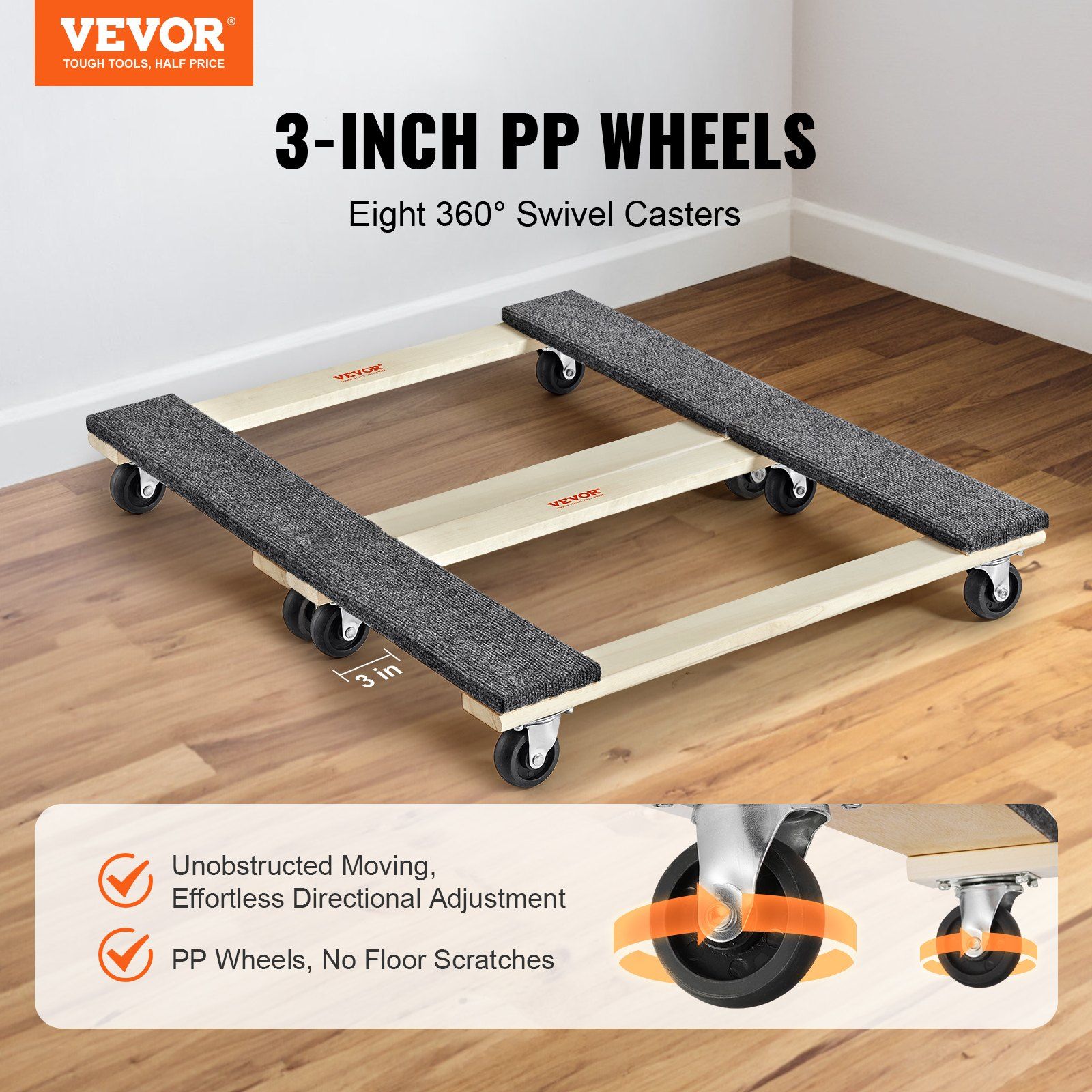 Furniture Dolly, 454kg Each Load Capacity, 2 Packs, 457.2x762mm, 8x76mm PP Swivel Casters, Heavy Duty Hardwood Furniture Moving Dolly, Mover's Dolly, Moving Cart with Wheels for Heavy Furniture - Image 2