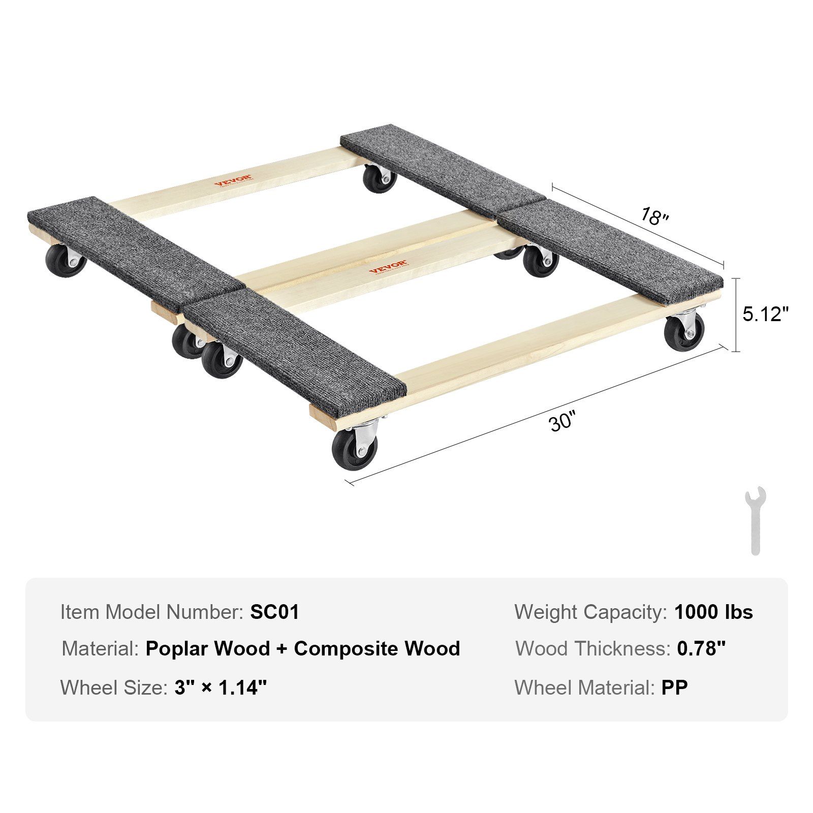 Furniture Dolly, 454kg Each Load Capacity, 2 Packs, 457.2x762mm, 8x76mm PP Swivel Casters, Heavy Duty Hardwood Furniture Moving Dolly, Mover's Dolly, Moving Cart with Wheels for Heavy Furniture - Image 7