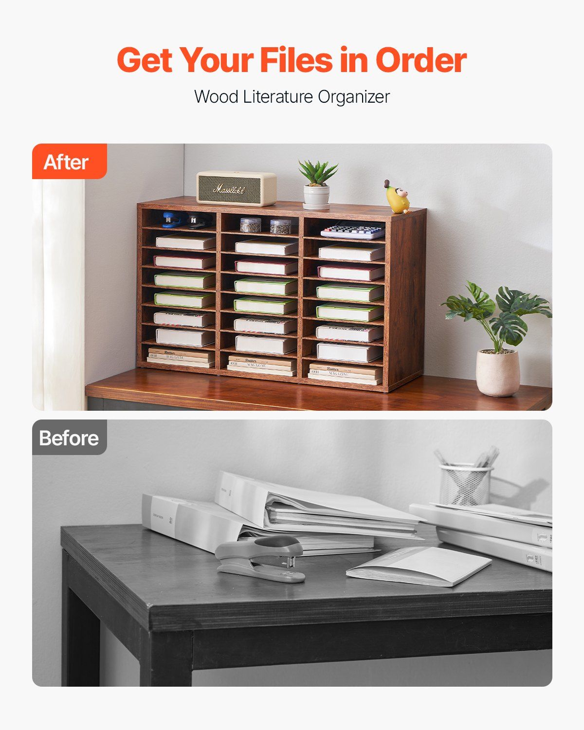 Literature Organizer, 24 Compartments Office Mailbox with Removable Shelves, Wooden Mailbox Sorter Particle Board Office Home Classroom Storage, File Sorter for Documents, Papers, Dark Brown - Image 2
