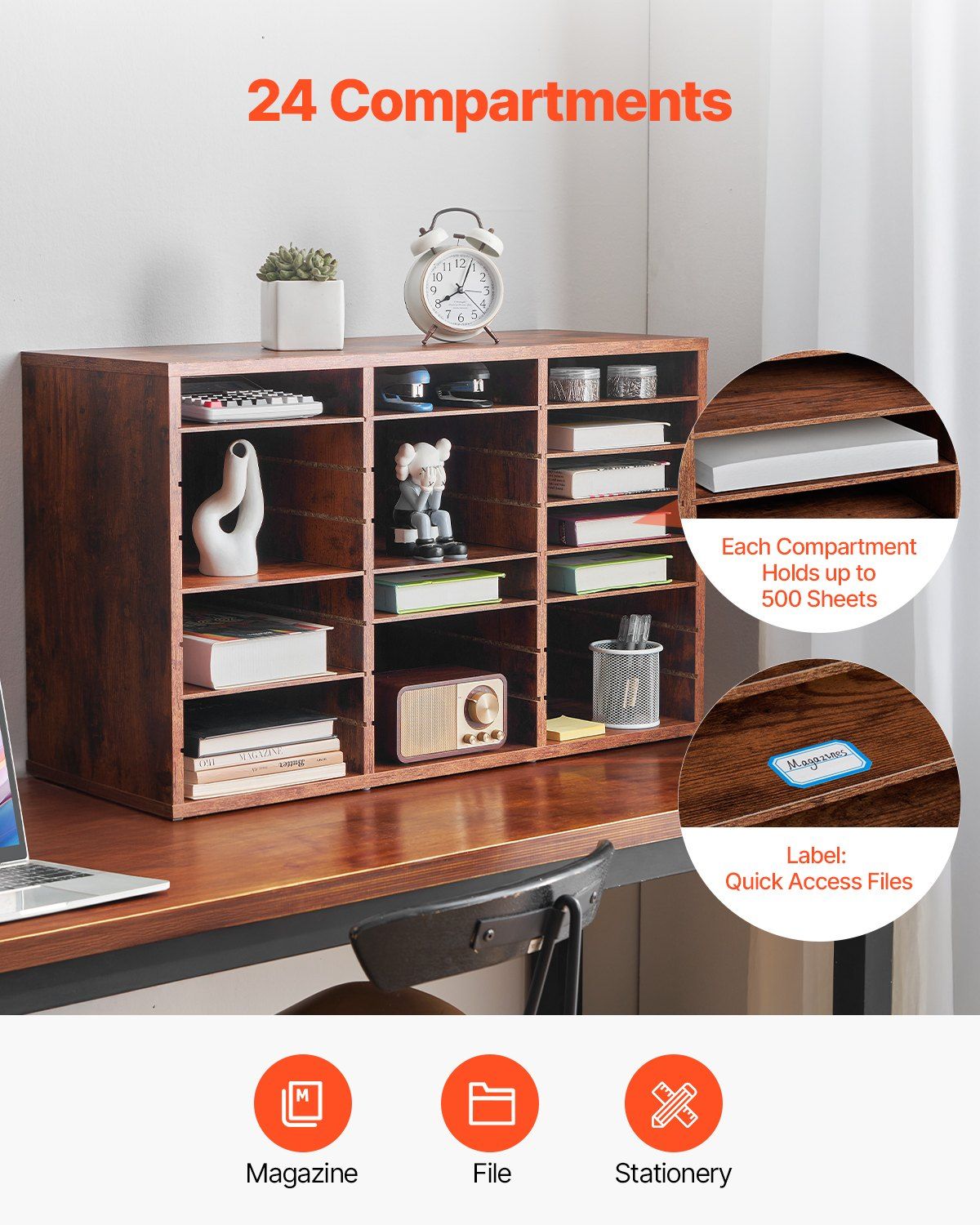 Literature Organizer, 24 Compartments Office Mailbox with Removable Shelves, Wooden Mailbox Sorter Particle Board Office Home Classroom Storage, File Sorter for Documents, Papers, Dark Brown - Image 4