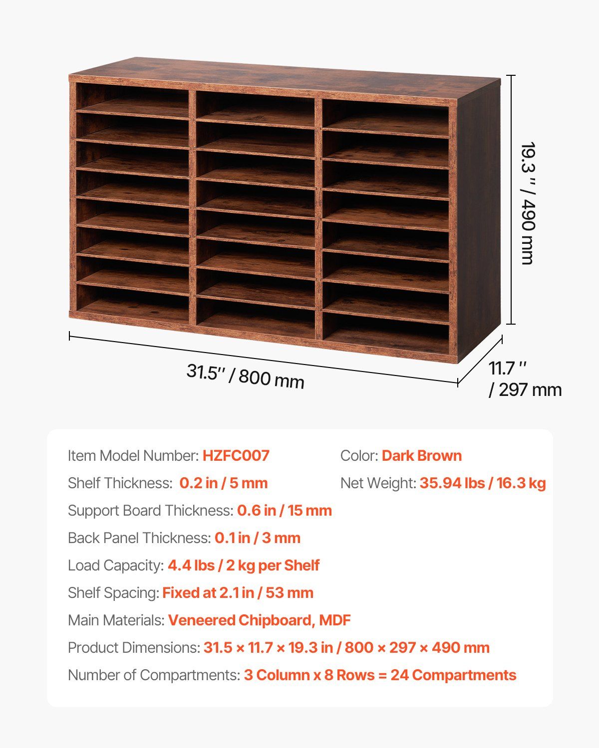 Literature Organizer, 24 Compartments Office Mailbox with Removable Shelves, Wooden Mailbox Sorter Particle Board Office Home Classroom Storage, File Sorter for Documents, Papers, Dark Brown - Image 7