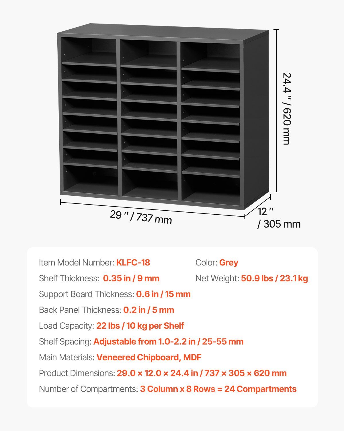 Literature Organizer, 24 Compartments Office Mailbox with Adjustable Shelves, Wooden Mailbox Sorter Medium Density Fiberboard Office Home Classroom Storage for Files, Documents, Papers, Grey - Image 7