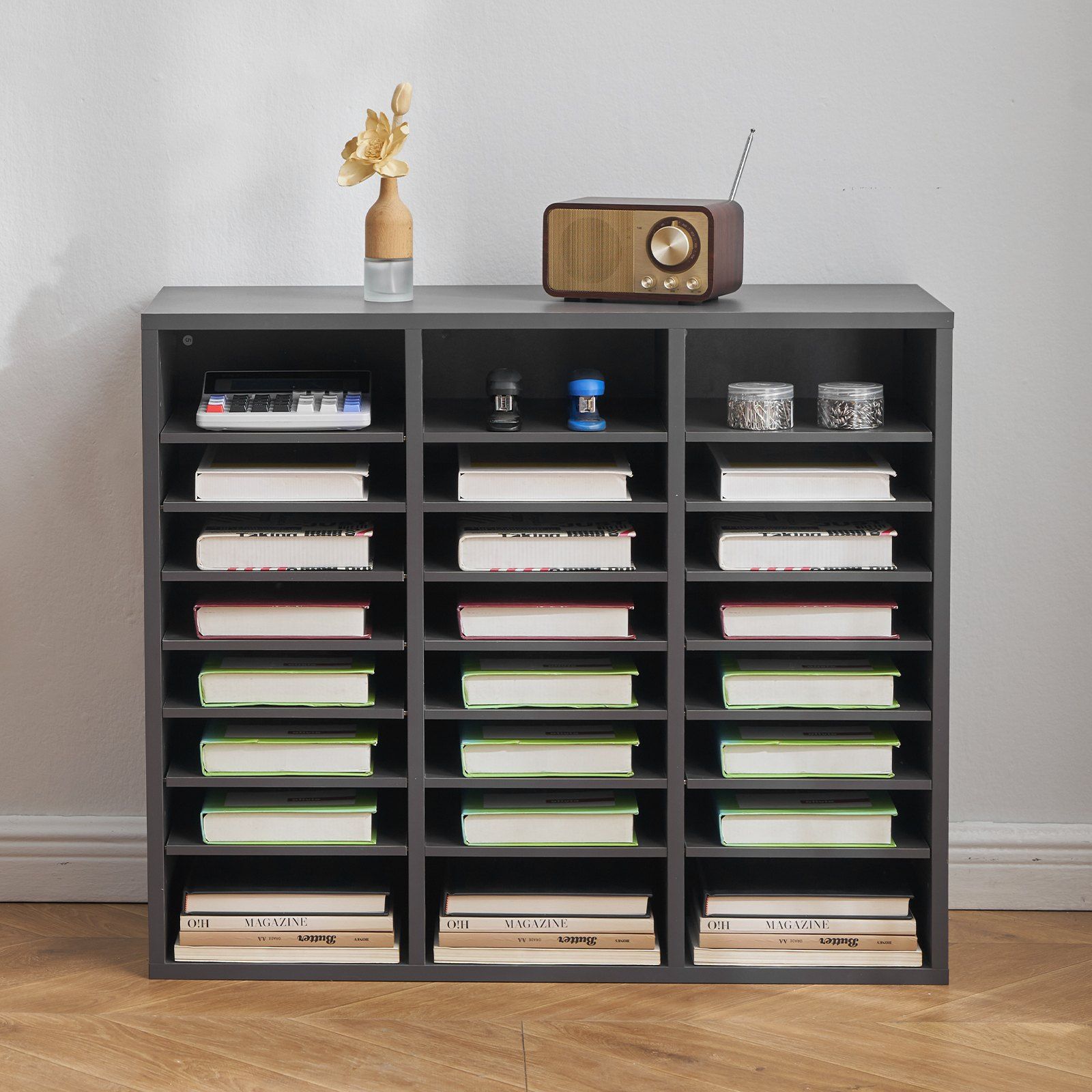 Literature Organizer, 24 Compartments Office Mailbox with Adjustable Shelves, Wooden Mailbox Sorter Medium Density Fiberboard Office Home Classroom Storage for Files, Documents, Papers, Grey - Image 8