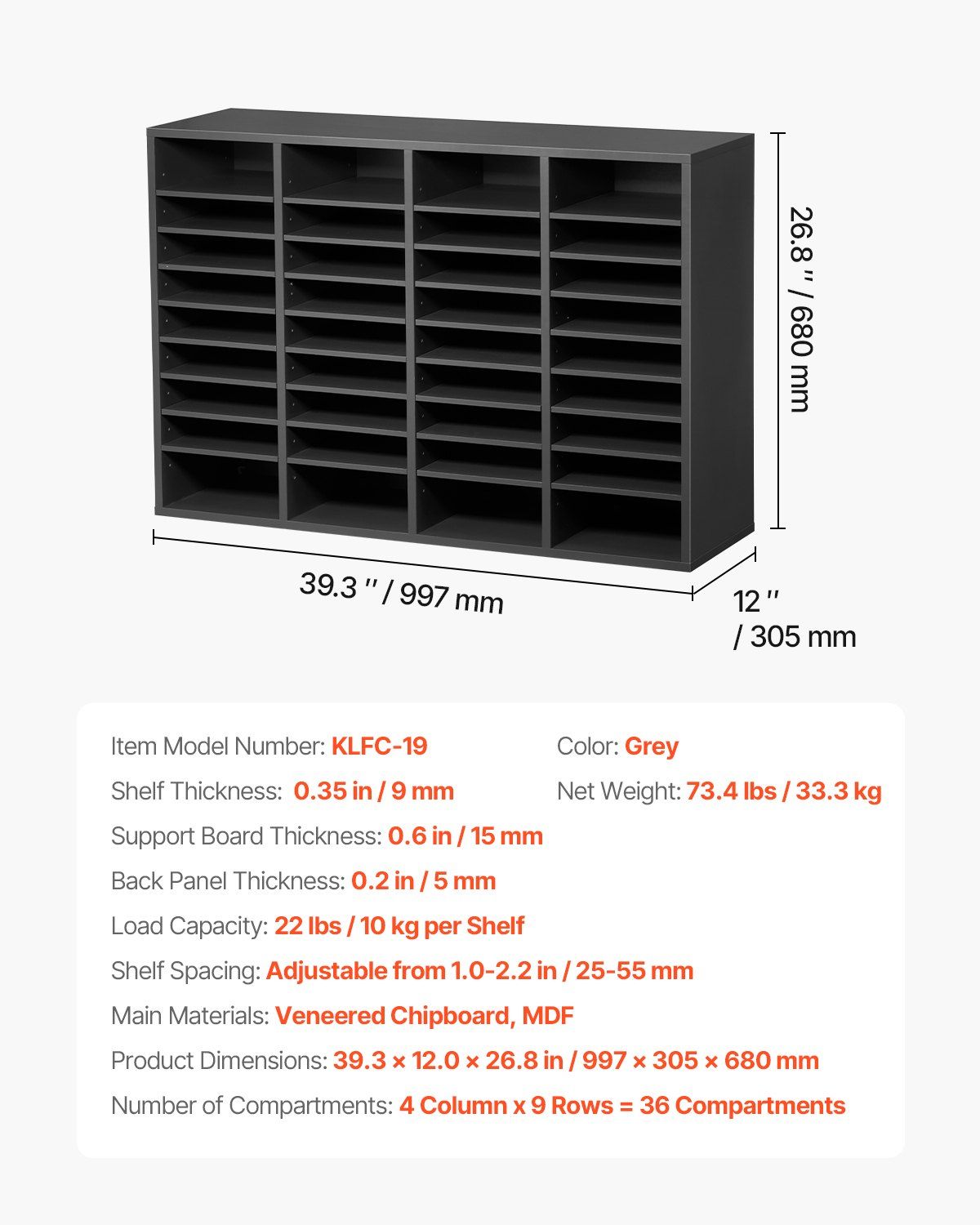 Literature Organizer, 36 Compartments Office Mailbox with Adjustable Shelves, Wooden Mailbox Sorter Medium Density Fiberboard Office Home Classroom Storage for Files, Documents, Papers, Grey - Image 7