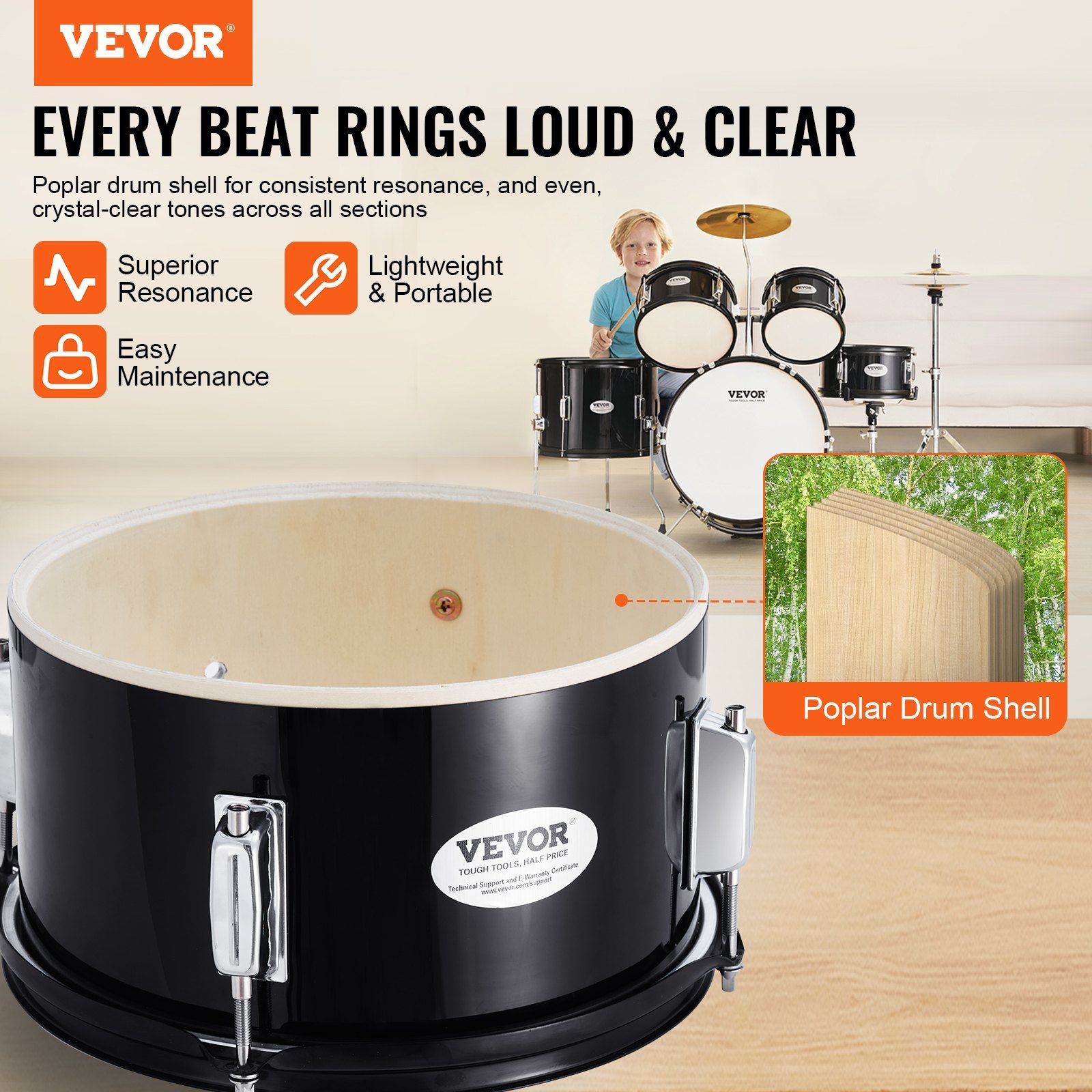 Kids Drum Set, 5-Piece, 406.4 mm Beginner Full Drum Set with Bass Toms Snare Floor Drum Adjustable Throne Cymbal Hi-Hat Pedal and Two Pairs of Drumsticks, Starter Drum Kit for Child Kids, Black - Image 2