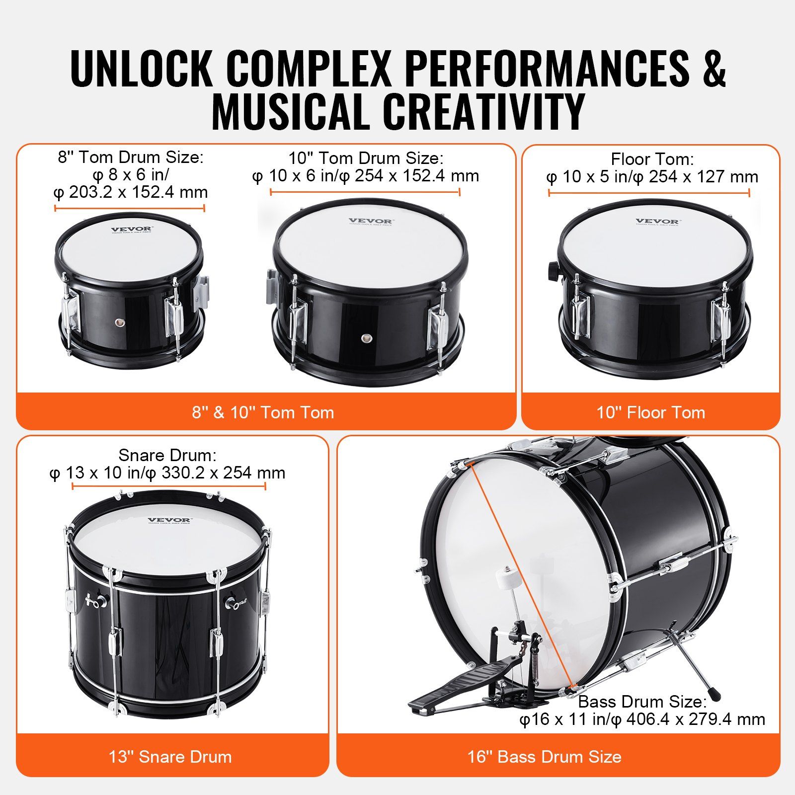 Kids Drum Set, 5-Piece, 406.4 mm Beginner Full Drum Set with Bass Toms Snare Floor Drum Adjustable Throne Cymbal Hi-Hat Pedal and Two Pairs of Drumsticks, Starter Drum Kit for Child Kids, Black - Image 3