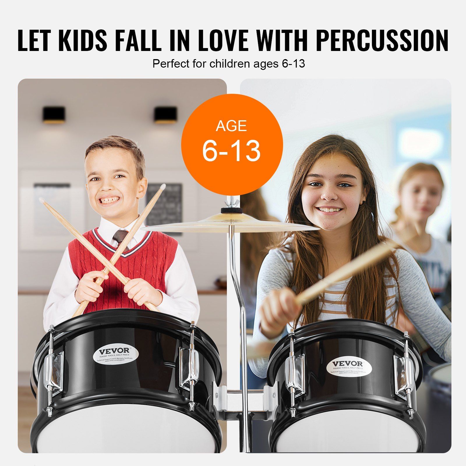 Kids Drum Set, 5-Piece, 406.4 mm Beginner Full Drum Set with Bass Toms Snare Floor Drum Adjustable Throne Cymbal Hi-Hat Pedal and Two Pairs of Drumsticks, Starter Drum Kit for Child Kids, Black - Image 4