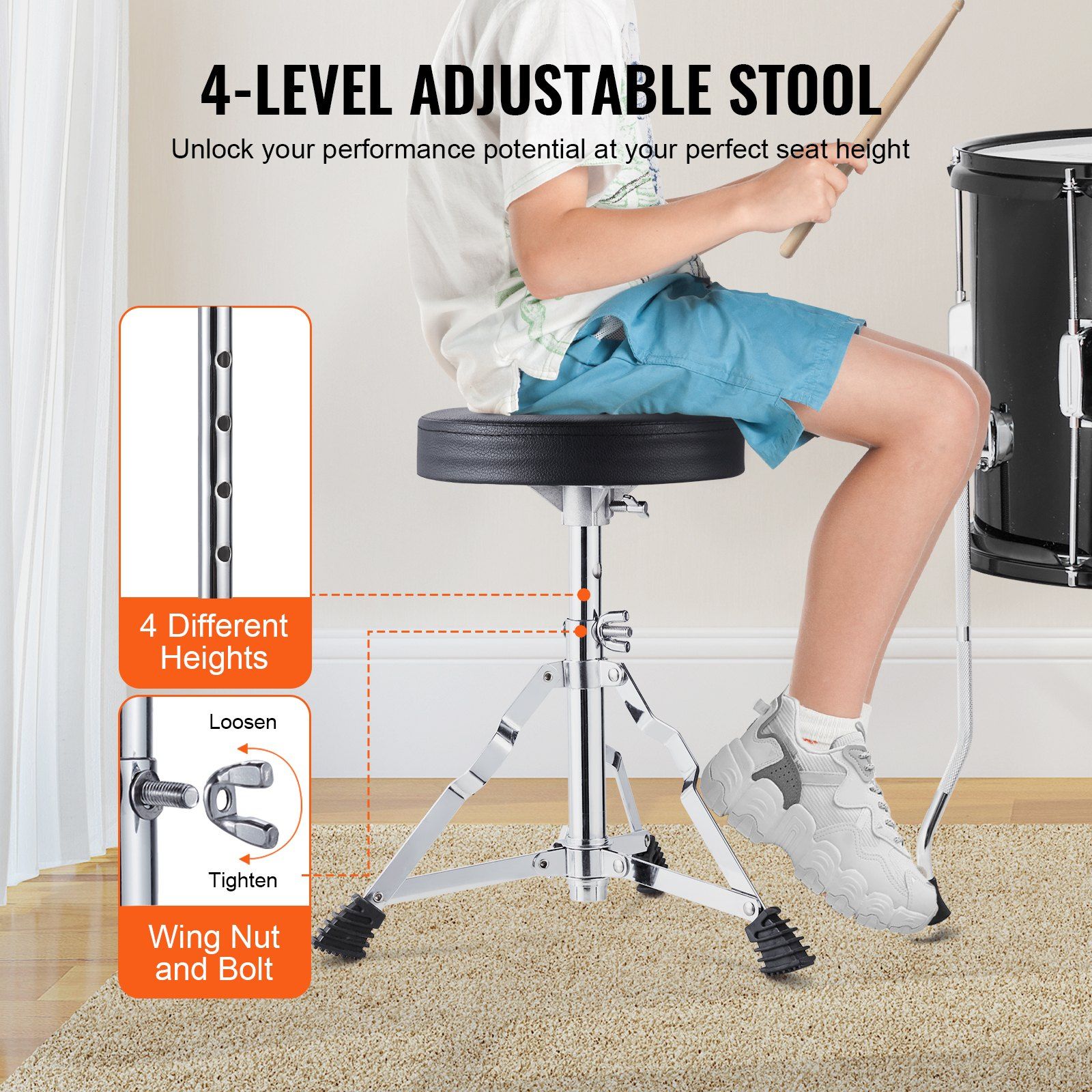 Kids Drum Set, 5-Piece, 406.4 mm Beginner Full Drum Set with Bass Toms Snare Floor Drum Adjustable Throne Cymbal Hi-Hat Pedal and Two Pairs of Drumsticks, Starter Drum Kit for Child Kids, Black - Image 5