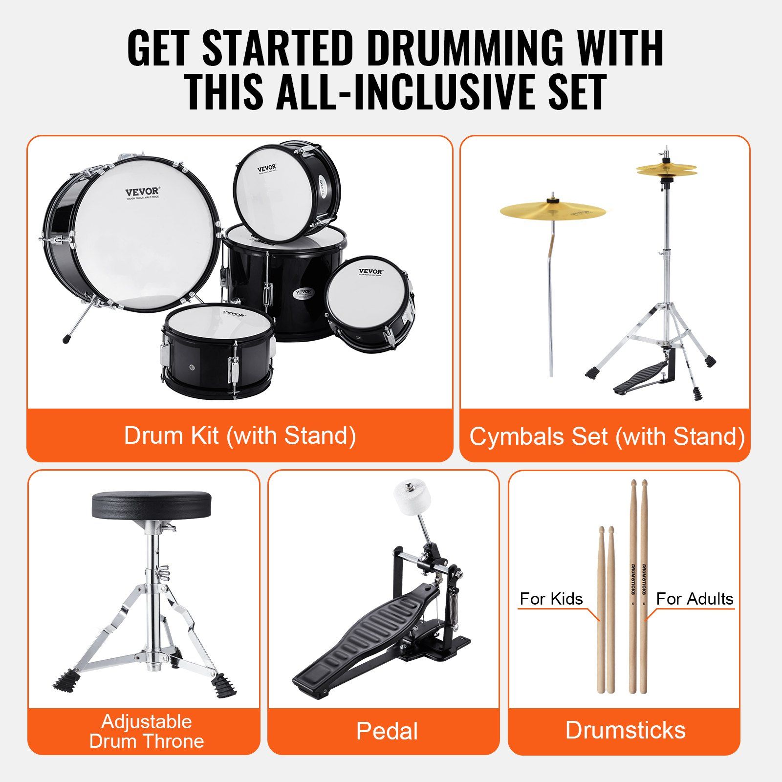 Kids Drum Set, 5-Piece, 406.4 mm Beginner Full Drum Set with Bass Toms Snare Floor Drum Adjustable Throne Cymbal Hi-Hat Pedal and Two Pairs of Drumsticks, Starter Drum Kit for Child Kids, Black - Image 6