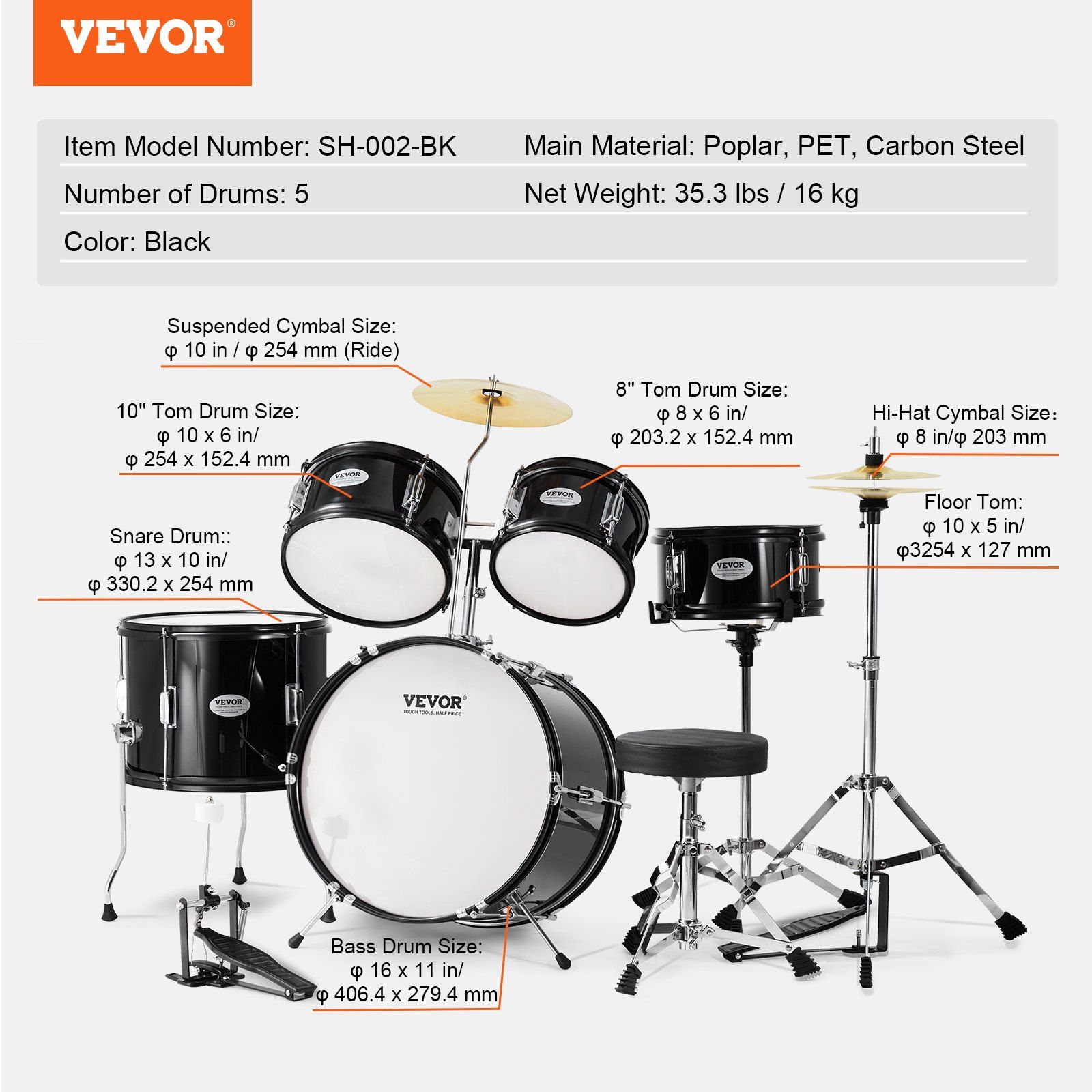 Kids Drum Set, 5-Piece, 406.4 mm Beginner Full Drum Set with Bass Toms Snare Floor Drum Adjustable Throne Cymbal Hi-Hat Pedal and Two Pairs of Drumsticks, Starter Drum Kit for Child Kids, Black - Image 7