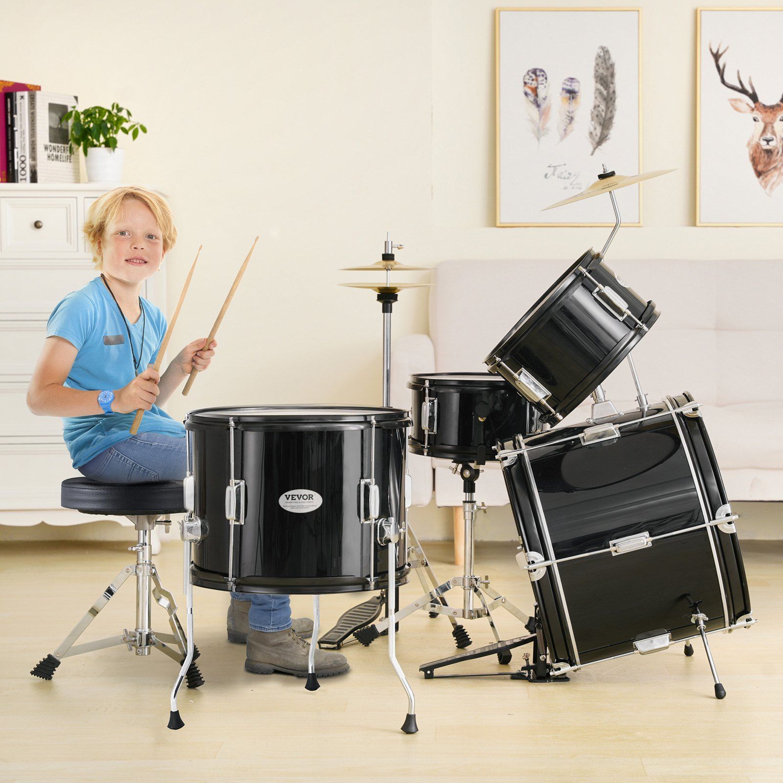 Kids Drum Set, 5-Piece, 406.4 mm Beginner Full Drum Set with Bass Toms Snare Floor Drum Adjustable Throne Cymbal Hi-Hat Pedal and Two Pairs of Drumsticks, Starter Drum Kit for Child Kids, Black - Image 8