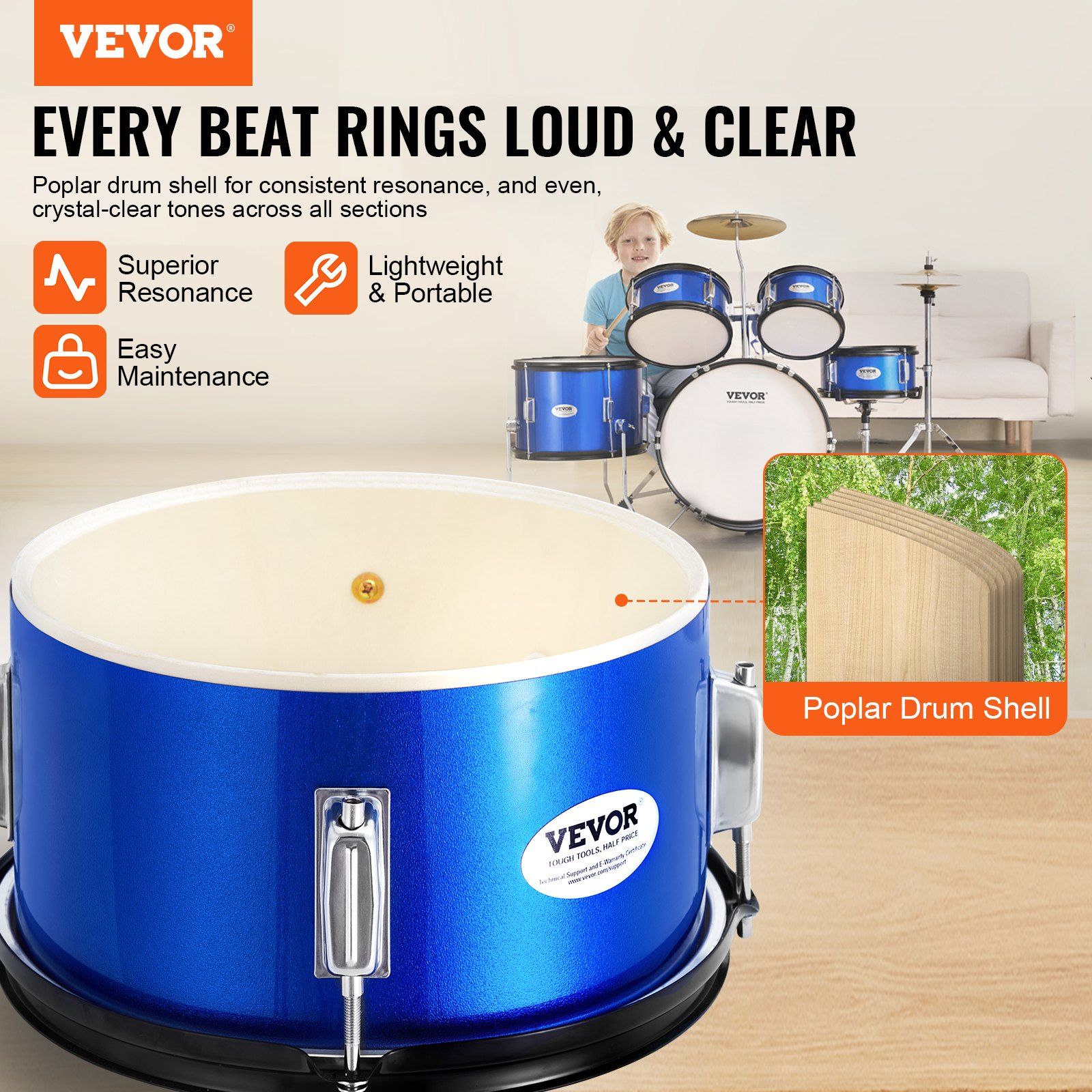 Kids Drum Set, 5-Piece, 406.4 mm Beginner Full Drum Set with Bass Toms Snare Floor Drum Adjustable Throne Cymbal Hi-Hat Pedal and Two Pairs of Drumsticks, Starter Drum Kit for Child Kids, Blue - Image 2