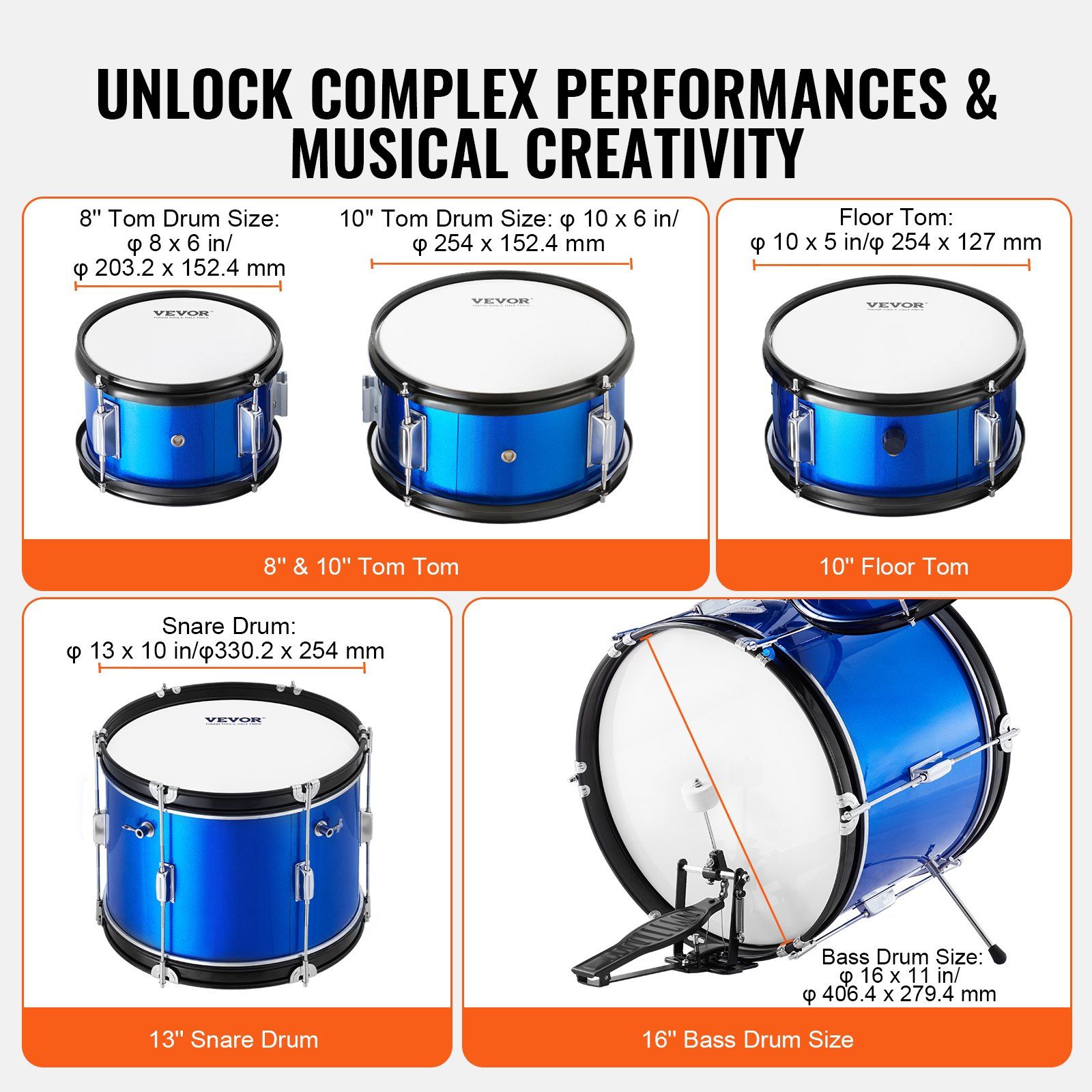 Kids Drum Set, 5-Piece, 406.4 mm Beginner Full Drum Set with Bass Toms Snare Floor Drum Adjustable Throne Cymbal Hi-Hat Pedal and Two Pairs of Drumsticks, Starter Drum Kit for Child Kids, Blue - Image 3