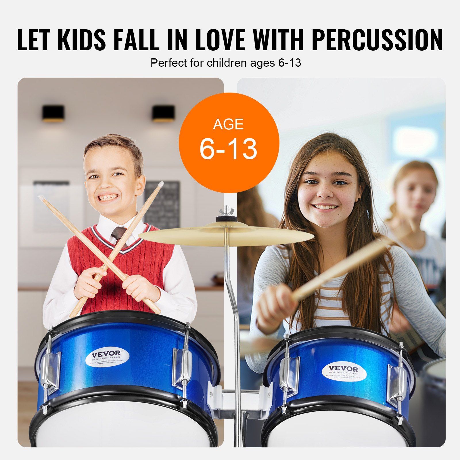 Kids Drum Set, 5-Piece, 406.4 mm Beginner Full Drum Set with Bass Toms Snare Floor Drum Adjustable Throne Cymbal Hi-Hat Pedal and Two Pairs of Drumsticks, Starter Drum Kit for Child Kids, Blue - Image 4