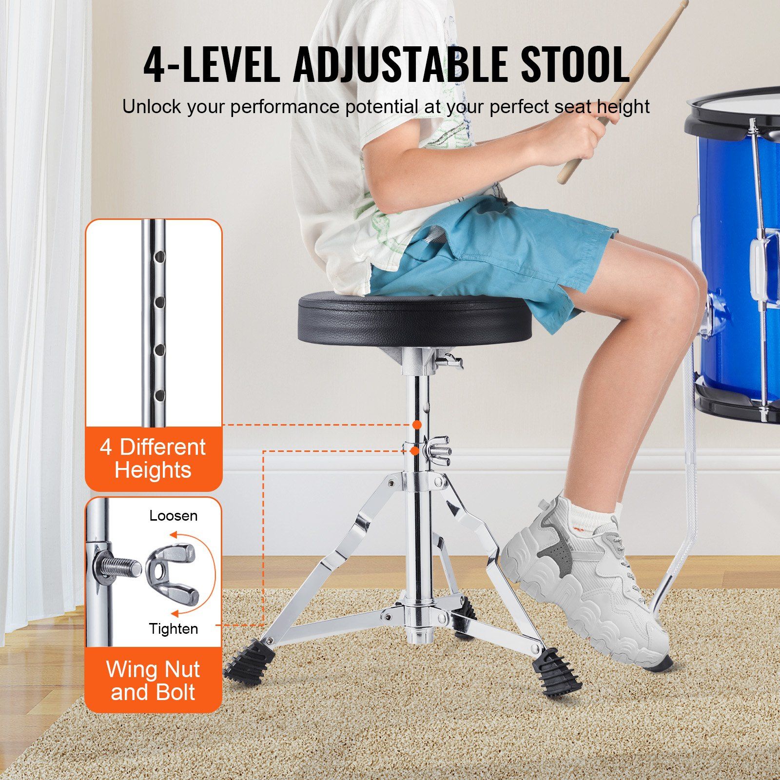 Kids Drum Set, 5-Piece, 406.4 mm Beginner Full Drum Set with Bass Toms Snare Floor Drum Adjustable Throne Cymbal Hi-Hat Pedal and Two Pairs of Drumsticks, Starter Drum Kit for Child Kids, Blue - Image 5