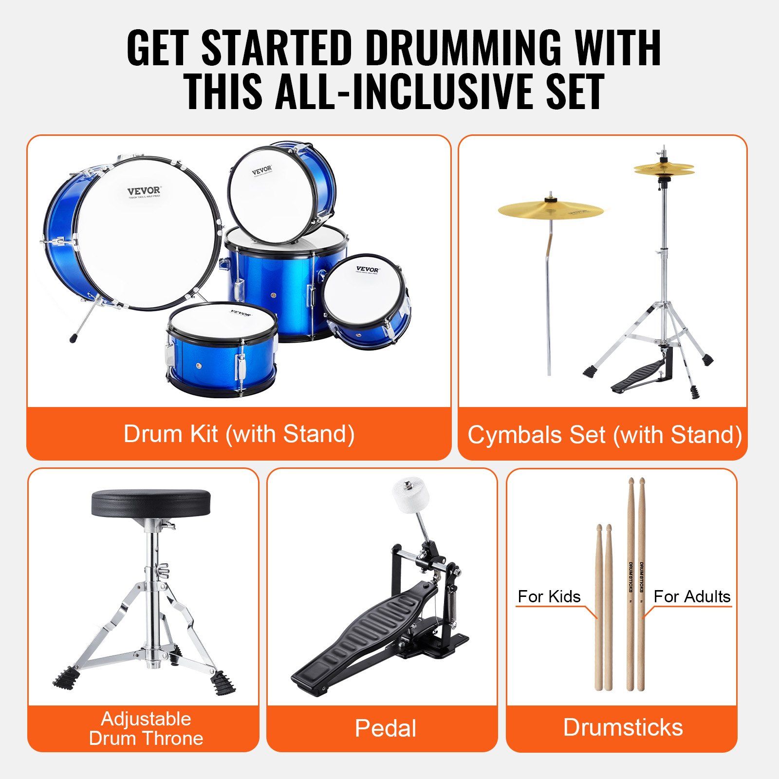 Kids Drum Set, 5-Piece, 406.4 mm Beginner Full Drum Set with Bass Toms Snare Floor Drum Adjustable Throne Cymbal Hi-Hat Pedal and Two Pairs of Drumsticks, Starter Drum Kit for Child Kids, Blue - Image 6