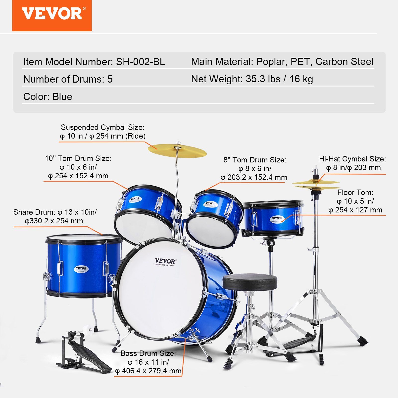 Kids Drum Set, 5-Piece, 406.4 mm Beginner Full Drum Set with Bass Toms Snare Floor Drum Adjustable Throne Cymbal Hi-Hat Pedal and Two Pairs of Drumsticks, Starter Drum Kit for Child Kids, Blue - Image 7