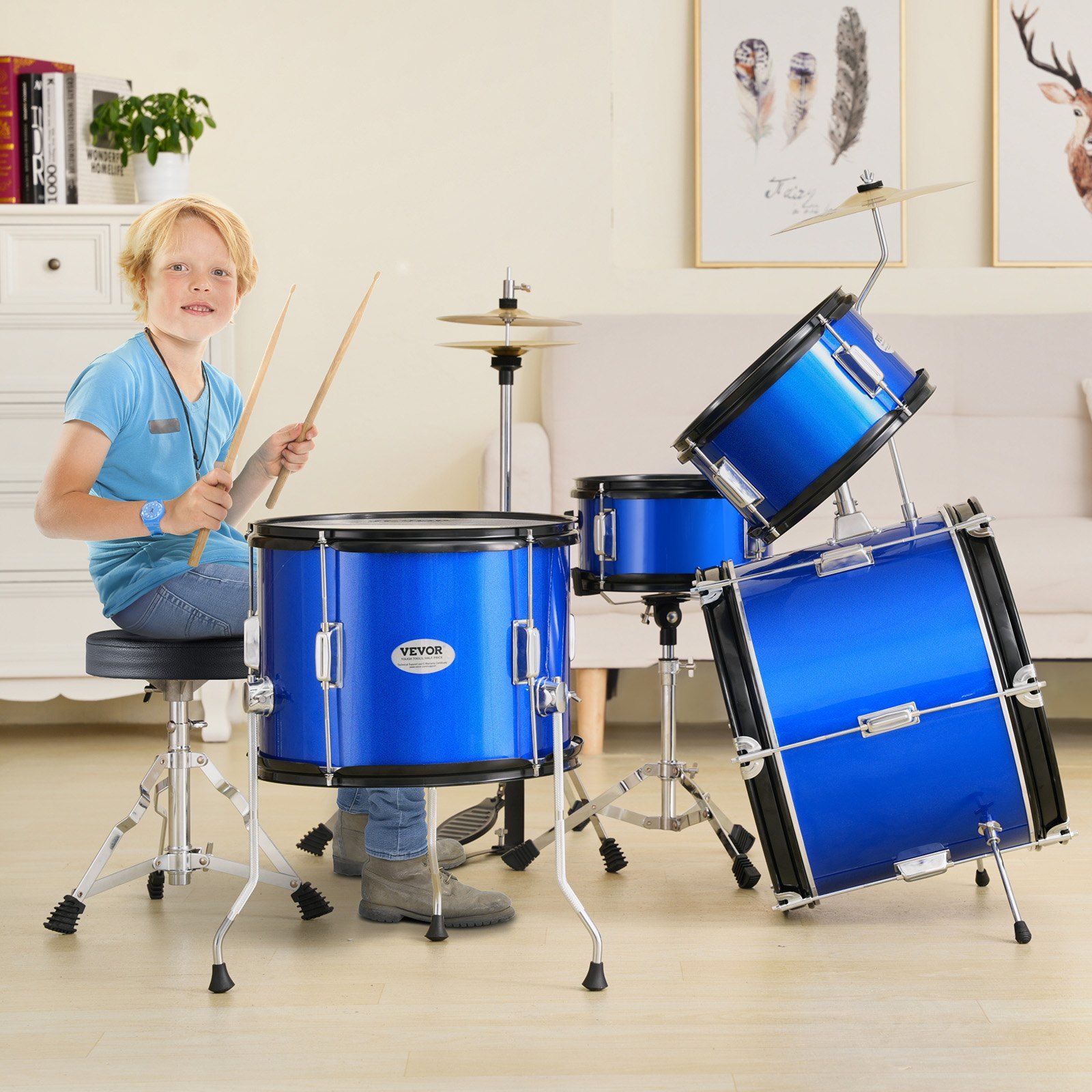 Kids Drum Set, 5-Piece, 406.4 mm Beginner Full Drum Set with Bass Toms Snare Floor Drum Adjustable Throne Cymbal Hi-Hat Pedal and Two Pairs of Drumsticks, Starter Drum Kit for Child Kids, Blue - Image 8