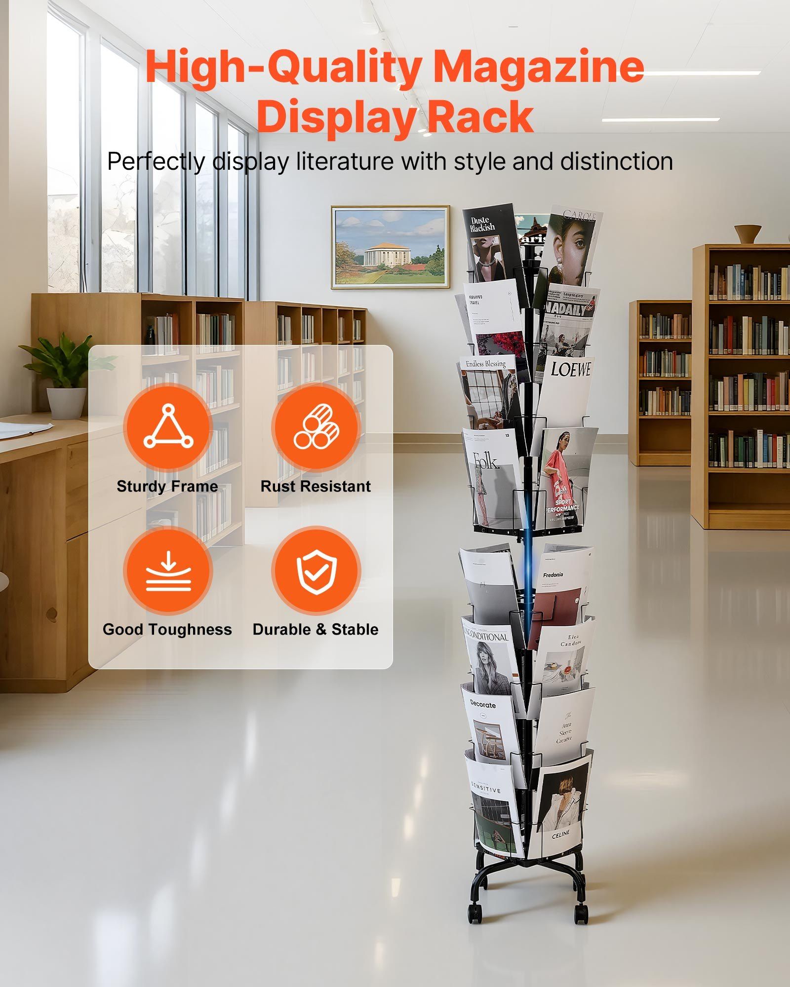 Greeting Cards Display Rack, 32 Pockets Rotating Postcard Brochure Display Stand, 360° Spinning Card Display Rack with Sign Holder & 4 Wheels (2 Lockable) for Exhibitions Office Trade Show - Image 2