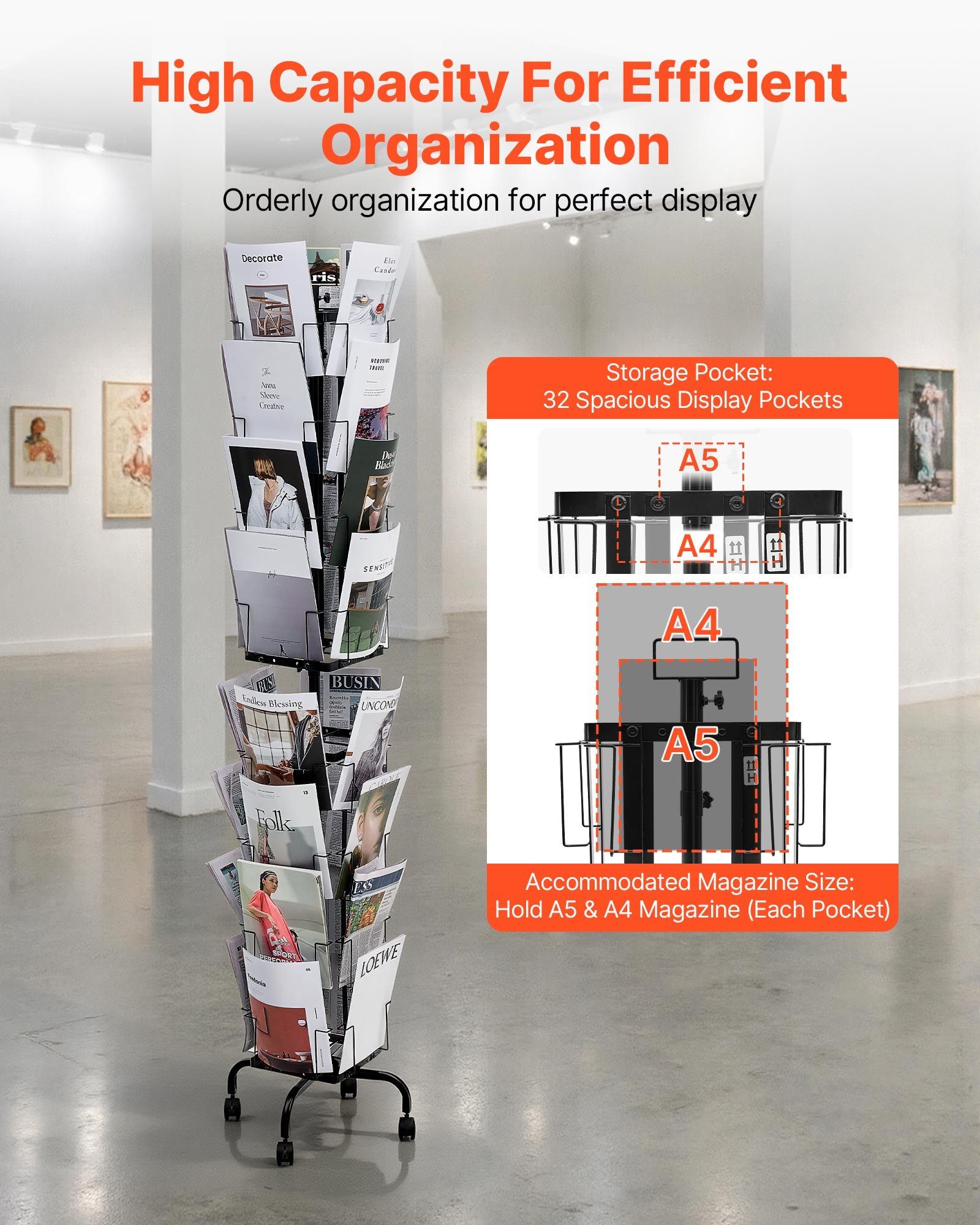 Greeting Cards Display Rack, 32 Pockets Rotating Postcard Brochure Display Stand, 360° Spinning Card Display Rack with Sign Holder & 4 Wheels (2 Lockable) for Exhibitions Office Trade Show - Image 3