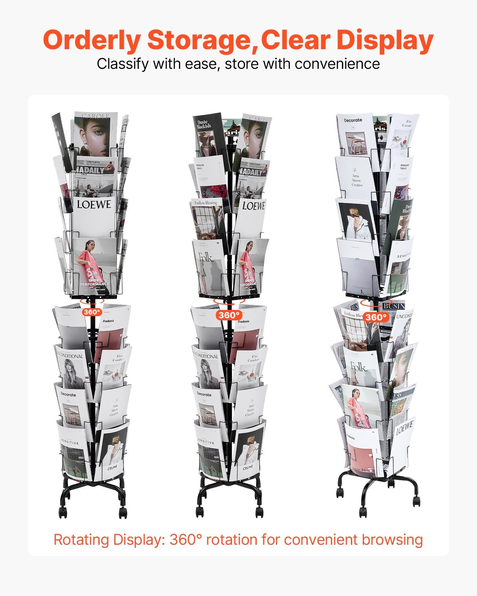 Greeting Cards Display Rack, 32 Pockets Rotating Postcard Brochure Display Stand, 360° Spinning Card Display Rack with Sign Holder & 4 Wheels (2 Lockable) for Exhibitions Office Trade Show - Image 4