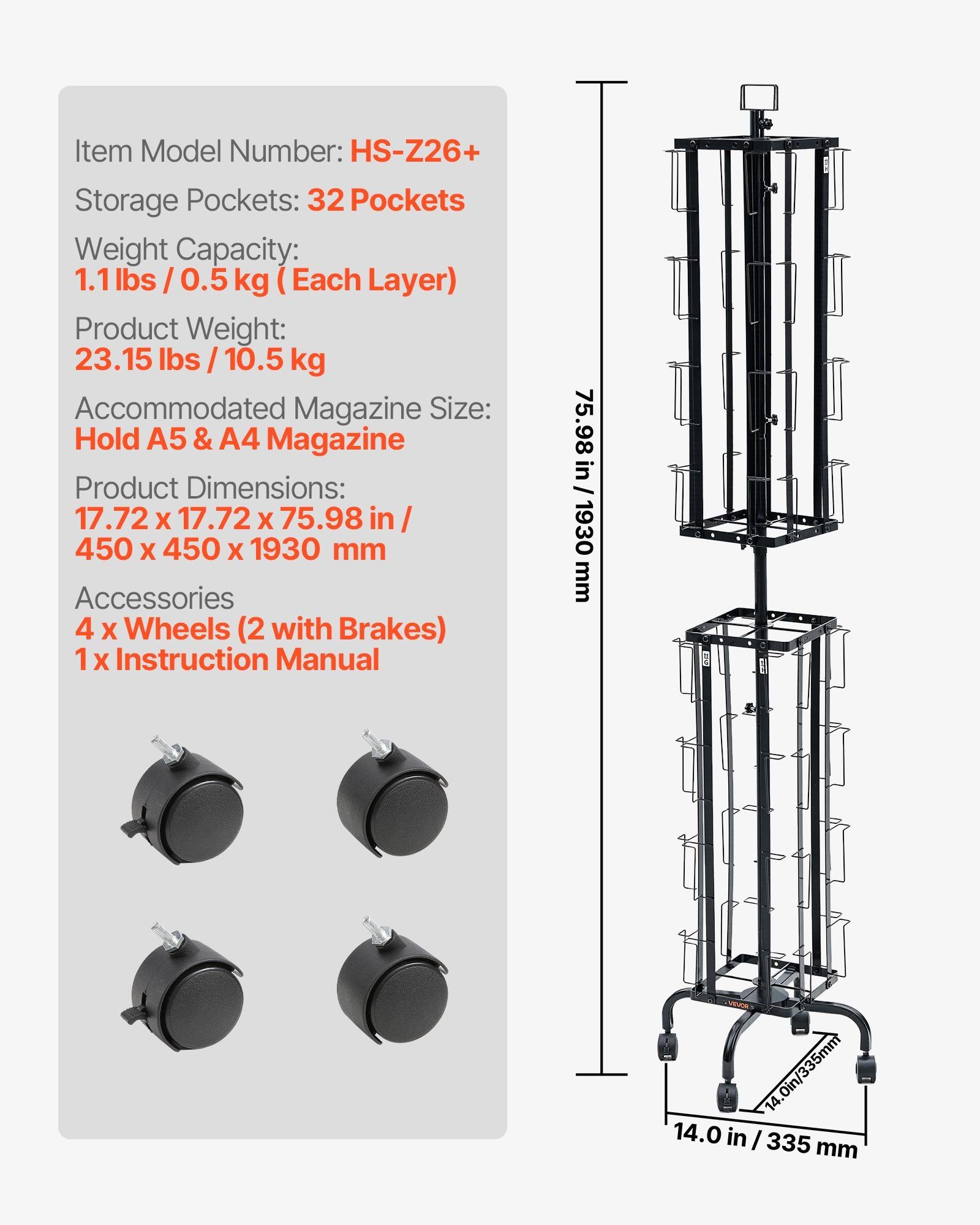 Greeting Cards Display Rack, 32 Pockets Rotating Postcard Brochure Display Stand, 360° Spinning Card Display Rack with Sign Holder & 4 Wheels (2 Lockable) for Exhibitions Office Trade Show - Image 7