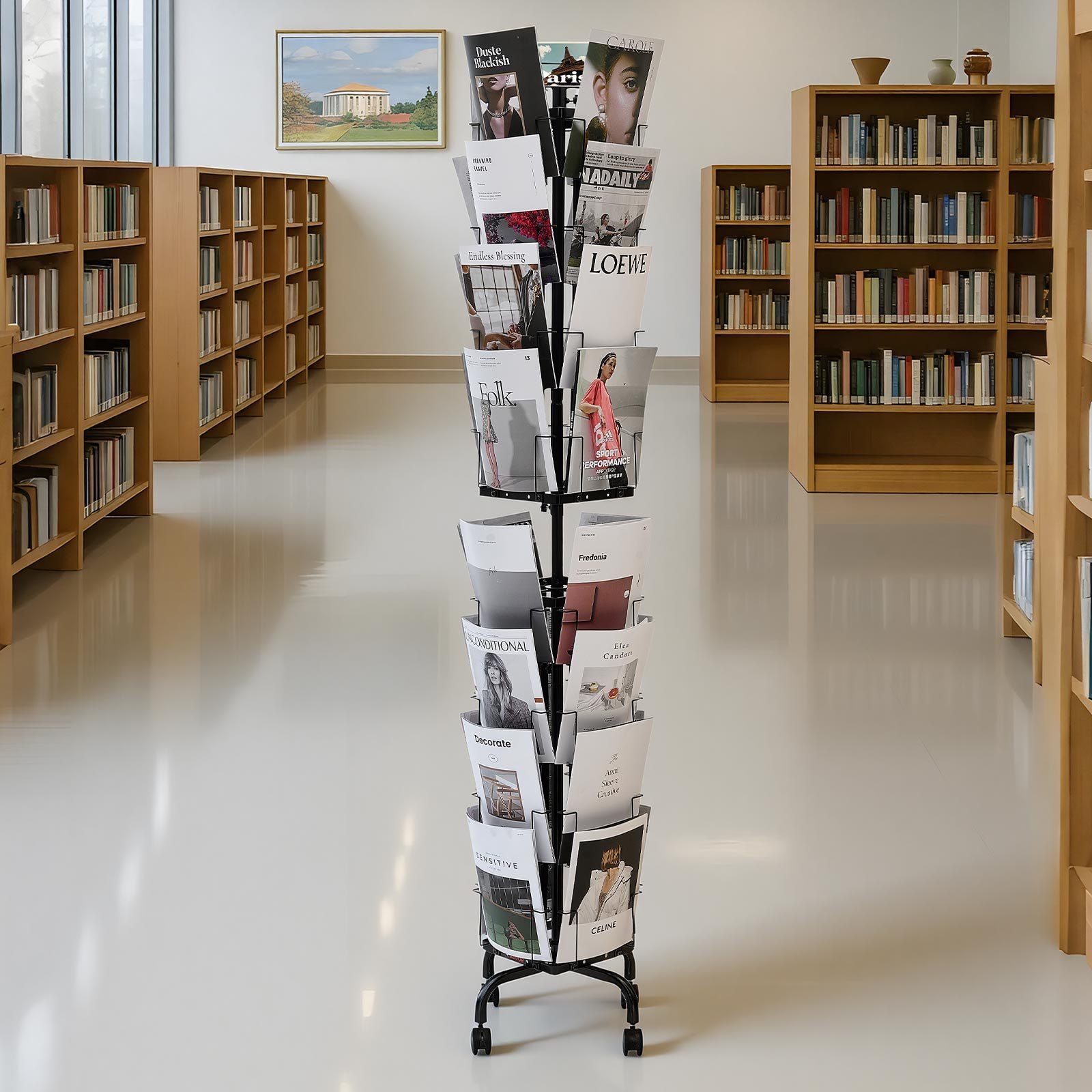 Greeting Cards Display Rack, 32 Pockets Rotating Postcard Brochure Display Stand, 360° Spinning Card Display Rack with Sign Holder & 4 Wheels (2 Lockable) for Exhibitions Office Trade Show - Image 8
