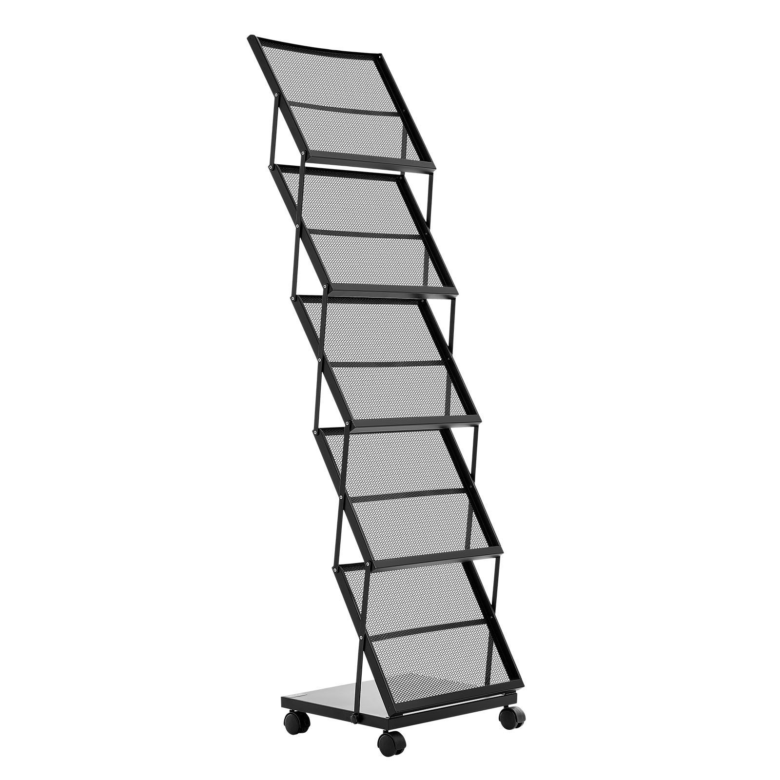 Brochure Display Rack, Foldable 5 Pockets Magazine Literature Display Stand, Movable Floor Standing Magazine Rack with Wheels, Metal Newspaper Catalog Holders for Shop Exhibitions Office Show - Image 1