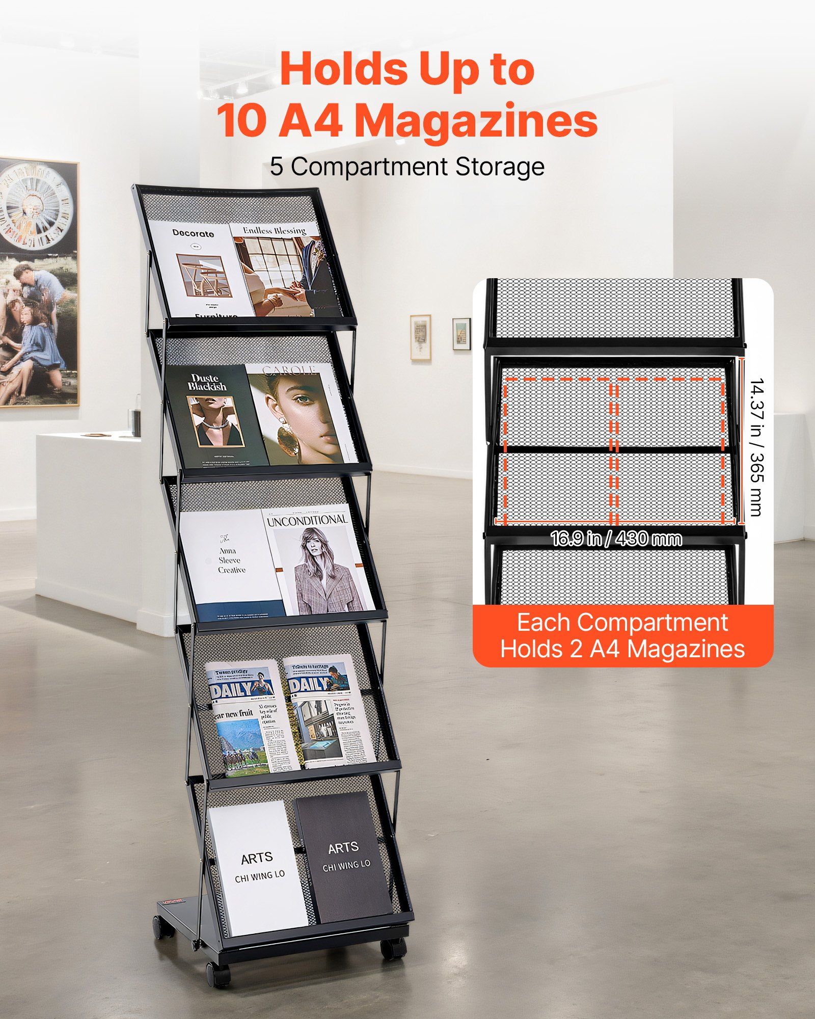Brochure Display Rack, Foldable 5 Pockets Magazine Literature Display Stand, Movable Floor Standing Magazine Rack with Wheels, Metal Newspaper Catalog Holders for Shop Exhibitions Office Show - Image 2