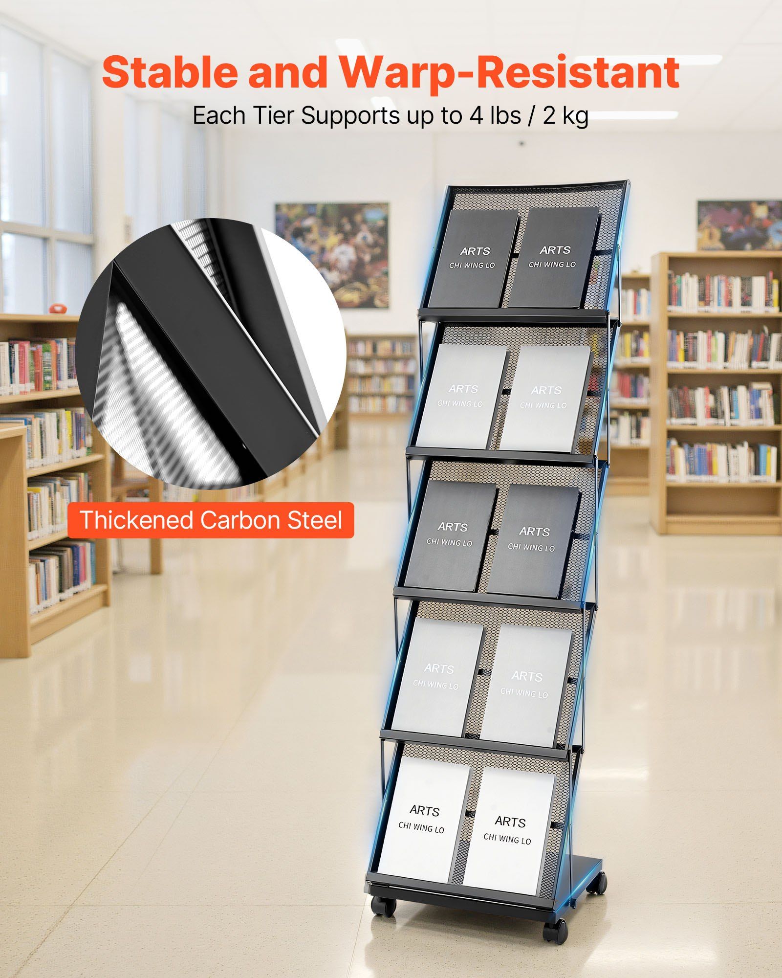 Brochure Display Rack, Foldable 5 Pockets Magazine Literature Display Stand, Movable Floor Standing Magazine Rack with Wheels, Metal Newspaper Catalog Holders for Shop Exhibitions Office Show - Image 3