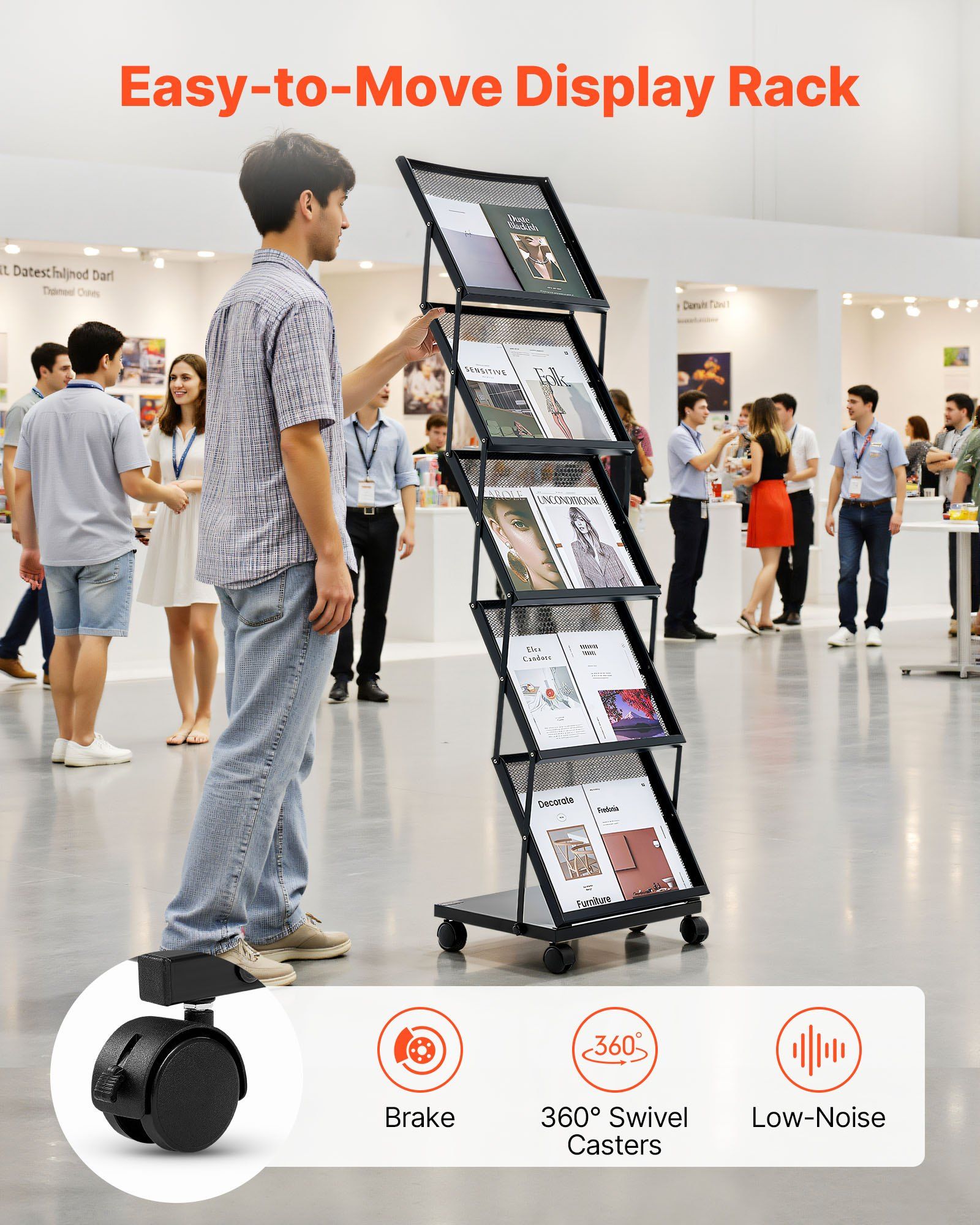 Brochure Display Rack, Foldable 5 Pockets Magazine Literature Display Stand, Movable Floor Standing Magazine Rack with Wheels, Metal Newspaper Catalog Holders for Shop Exhibitions Office Show - Image 4