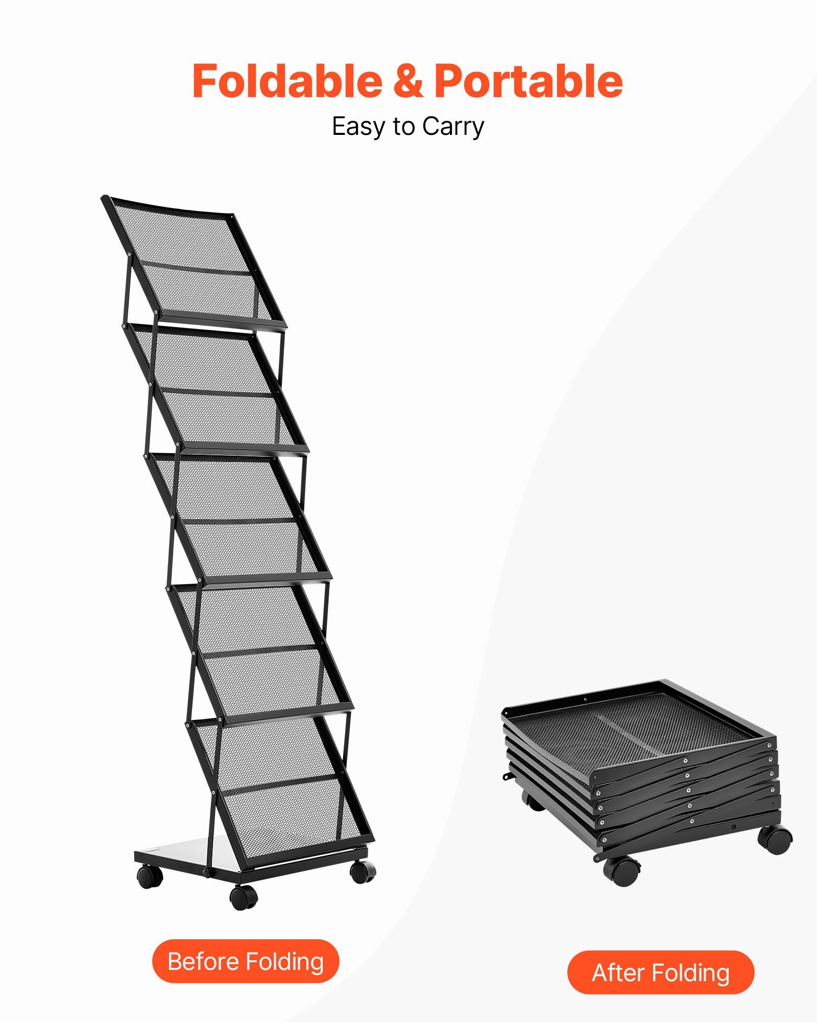 Brochure Display Rack, Foldable 5 Pockets Magazine Literature Display Stand, Movable Floor Standing Magazine Rack with Wheels, Metal Newspaper Catalog Holders for Shop Exhibitions Office Show - Image 5