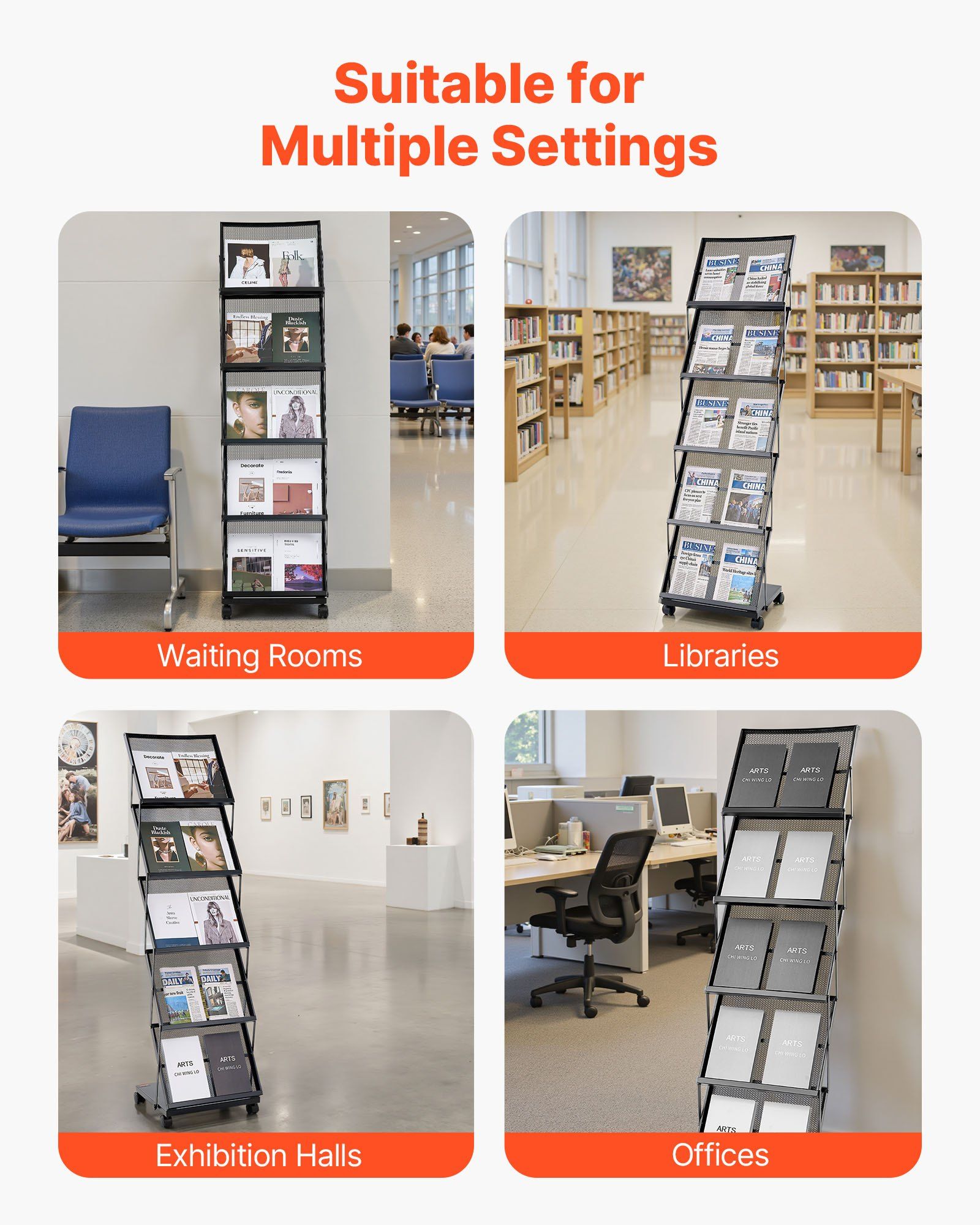 Brochure Display Rack, Foldable 5 Pockets Magazine Literature Display Stand, Movable Floor Standing Magazine Rack with Wheels, Metal Newspaper Catalog Holders for Shop Exhibitions Office Show - Image 6