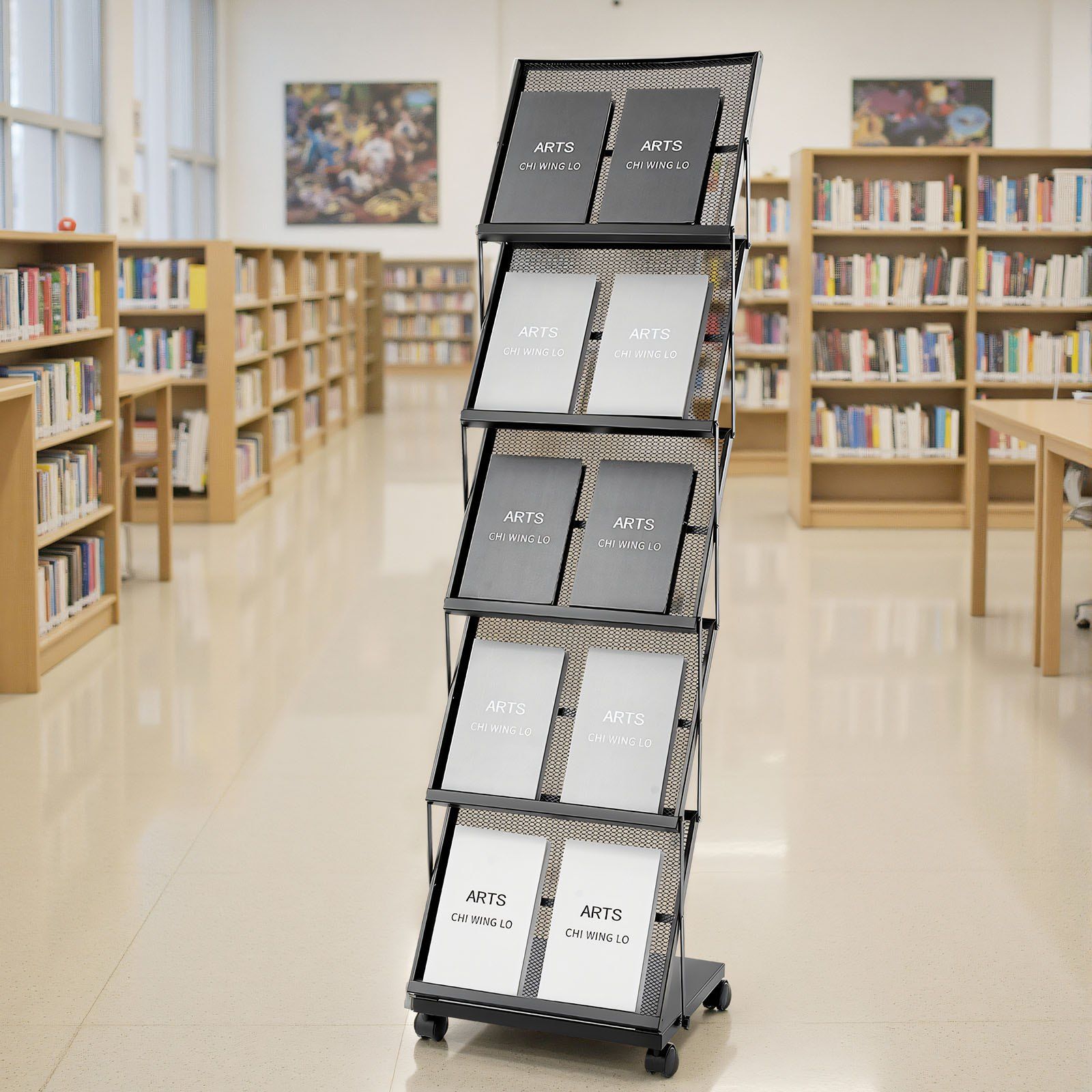 Brochure Display Rack, Foldable 5 Pockets Magazine Literature Display Stand, Movable Floor Standing Magazine Rack with Wheels, Metal Newspaper Catalog Holders for Shop Exhibitions Office Show - Image 8