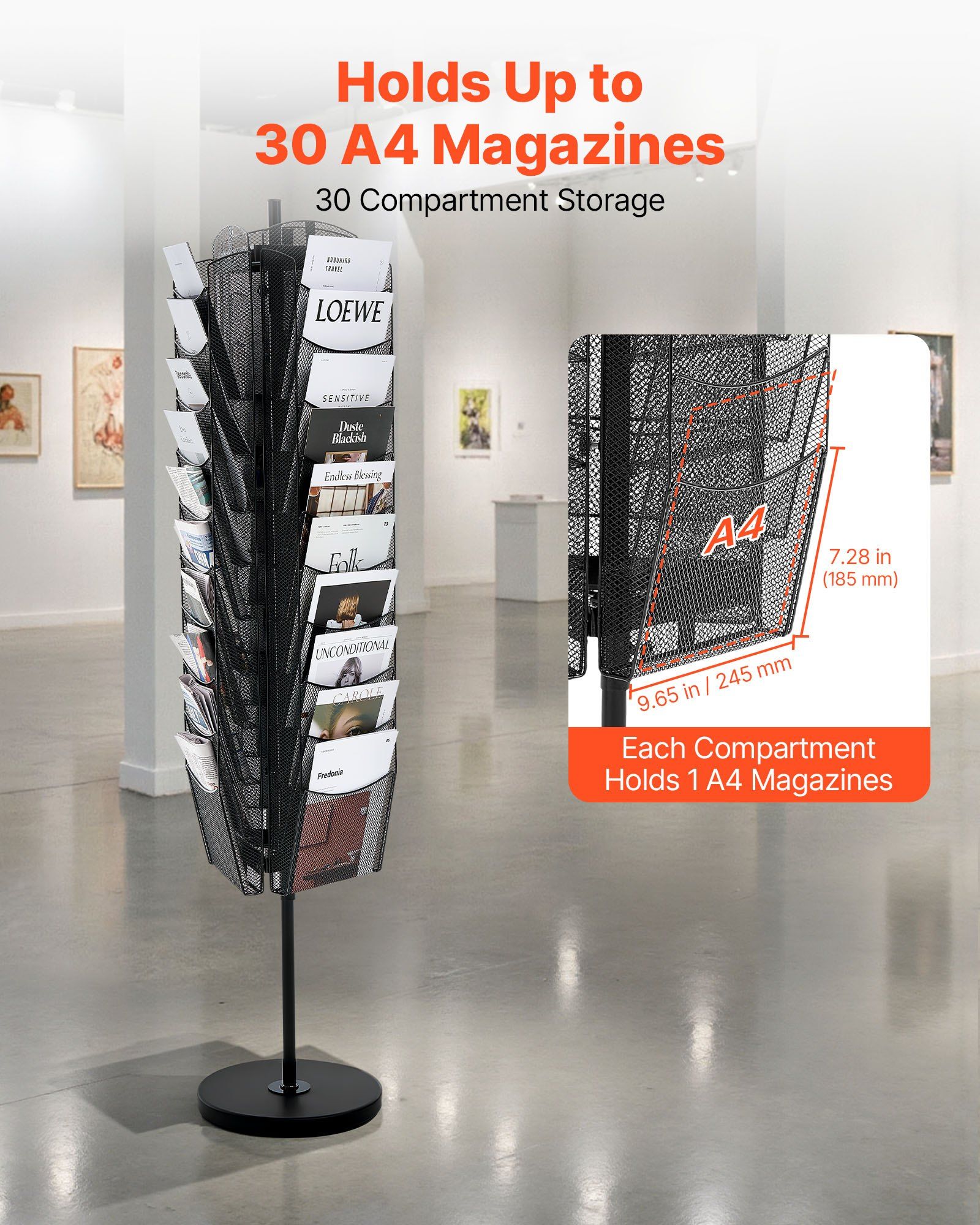 Rotating Brochure Display Rack, 30 Pockets Mesh Magazine Literature Display Stand, Portable Floor Standing Magazine Rack, Metal Newspaper Catalog Holders for Shop Exhibitions Office Trade Show - Image 2
