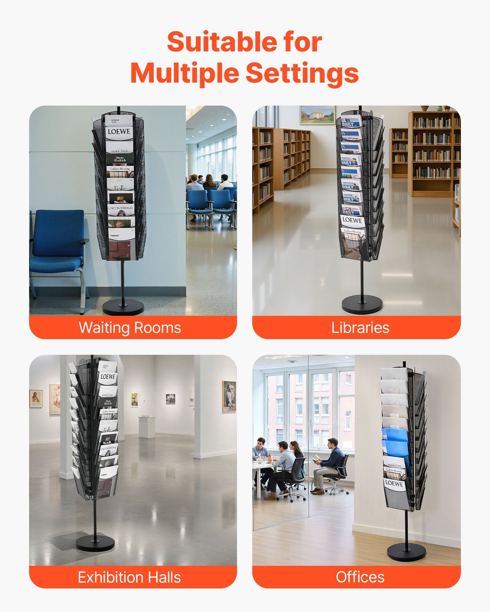 Rotating Brochure Display Rack, 30 Pockets Mesh Magazine Literature Display Stand, Portable Floor Standing Magazine Rack, Metal Newspaper Catalog Holders for Shop Exhibitions Office Trade Show - Image 6