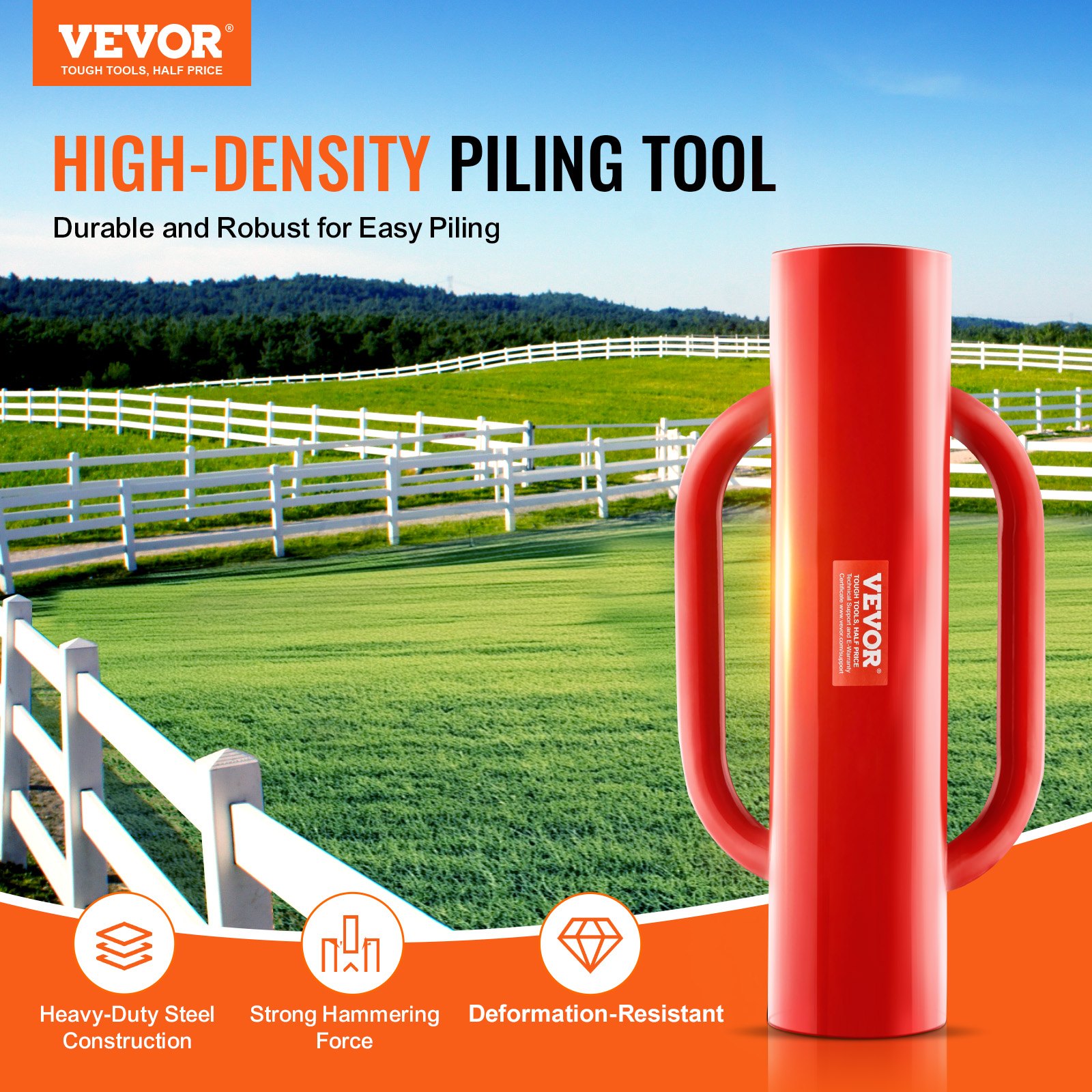Fence Post Driver with Handles, 2.7 in Inner Diameter T Post Pole Pounder, 14LB Heavy Duty Carbon Steel Hand Post Rammer, Farm Fencing Hole Digger for U Channel, Sign Pole, Wooden Post, Red - Image 2