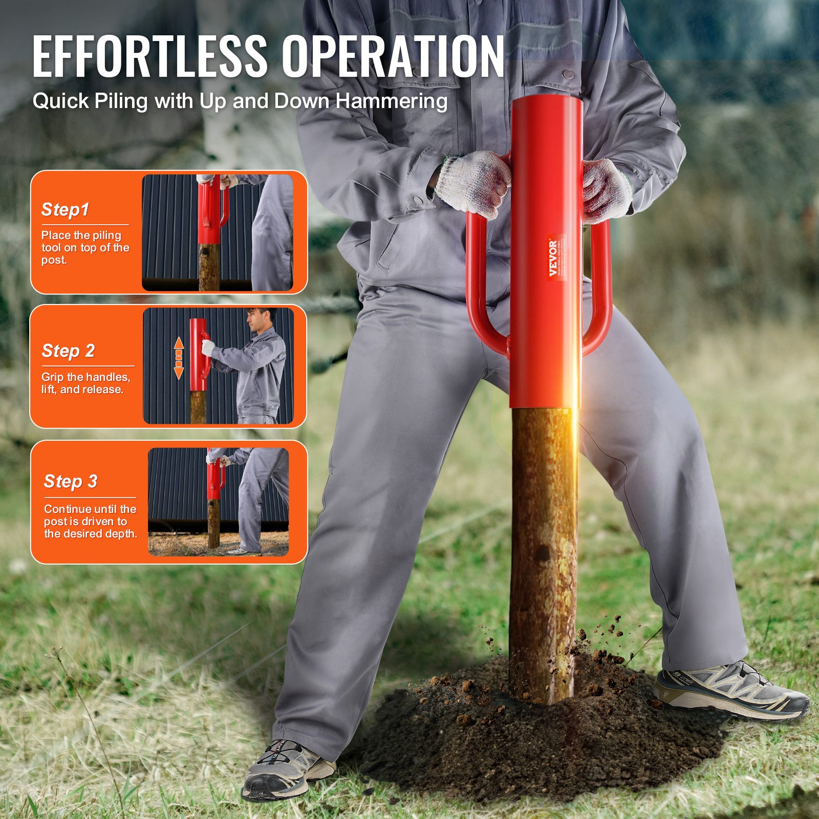Fence Post Driver with Handles, 2.7 in Inner Diameter T Post Pole Pounder, 14LB Heavy Duty Carbon Steel Hand Post Rammer, Farm Fencing Hole Digger for U Channel, Sign Pole, Wooden Post, Red - Image 4