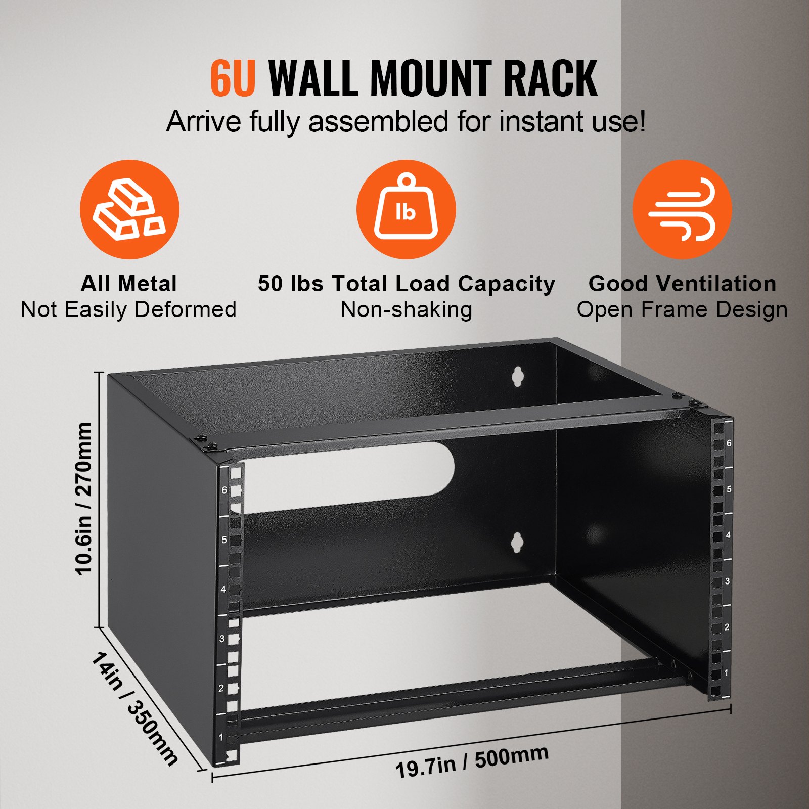 6U Wall Mount Network Rack, 14 in/355.6 mm Depth, 50 lbs/22.68 kg Max Weight Capacity Wall Mount Server Rack with Cage Nuts, 19