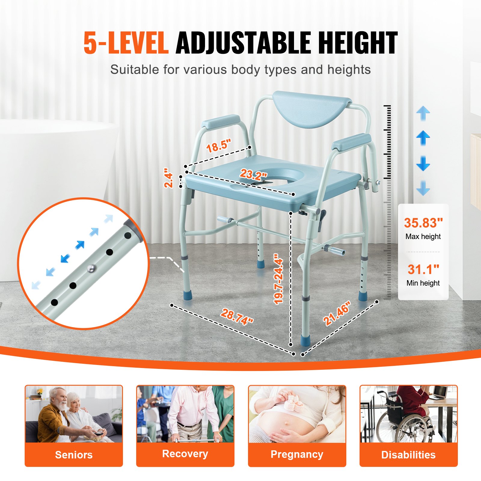 Commode Chair, Bedside Commode with Drop-Down Arms and Detachable Backrest, 5-Level Adjustable Height, 7L Removable Bucket, Easy to Assemble, 1000LBS Capacity, Portable Toilet for Adults Seniors - Image 4