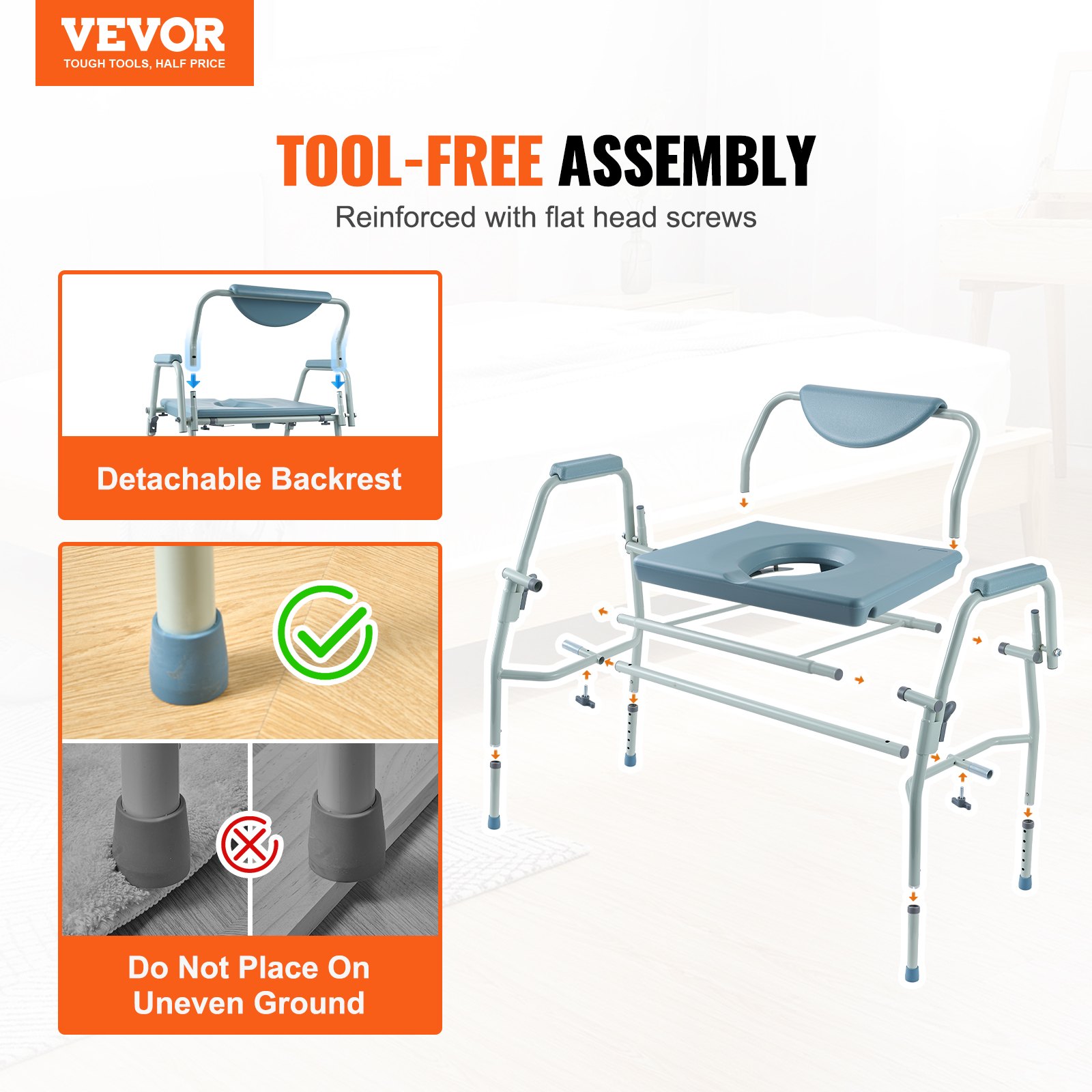 Commode Chair, Bedside Commode with Drop-Down Arms and Detachable Backrest, 5-Level Adjustable Height, 7L Removable Bucket, Easy to Assemble, 1000LBS Capacity, Portable Toilet for Adults Seniors - Image 7