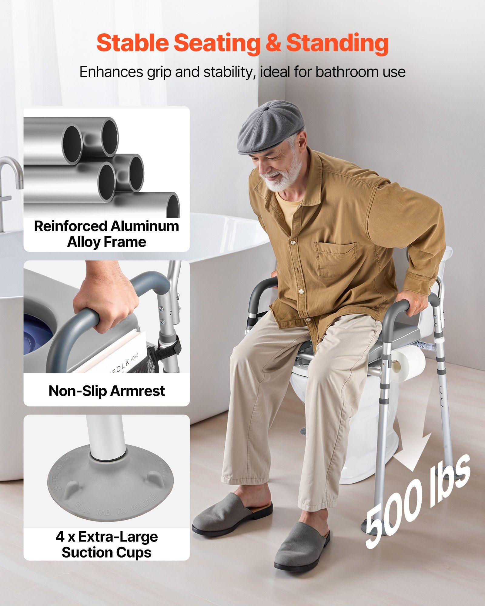 Bedside Commode Chair, 227 kg Capacity, 4-in-1 Portable Toilet and Raised Toilet Seat with Padded Seat & Backrest, Detachable 5L Bucket, Adjustable Height & Width Adult Potty Chair for Seniors - Image 2
