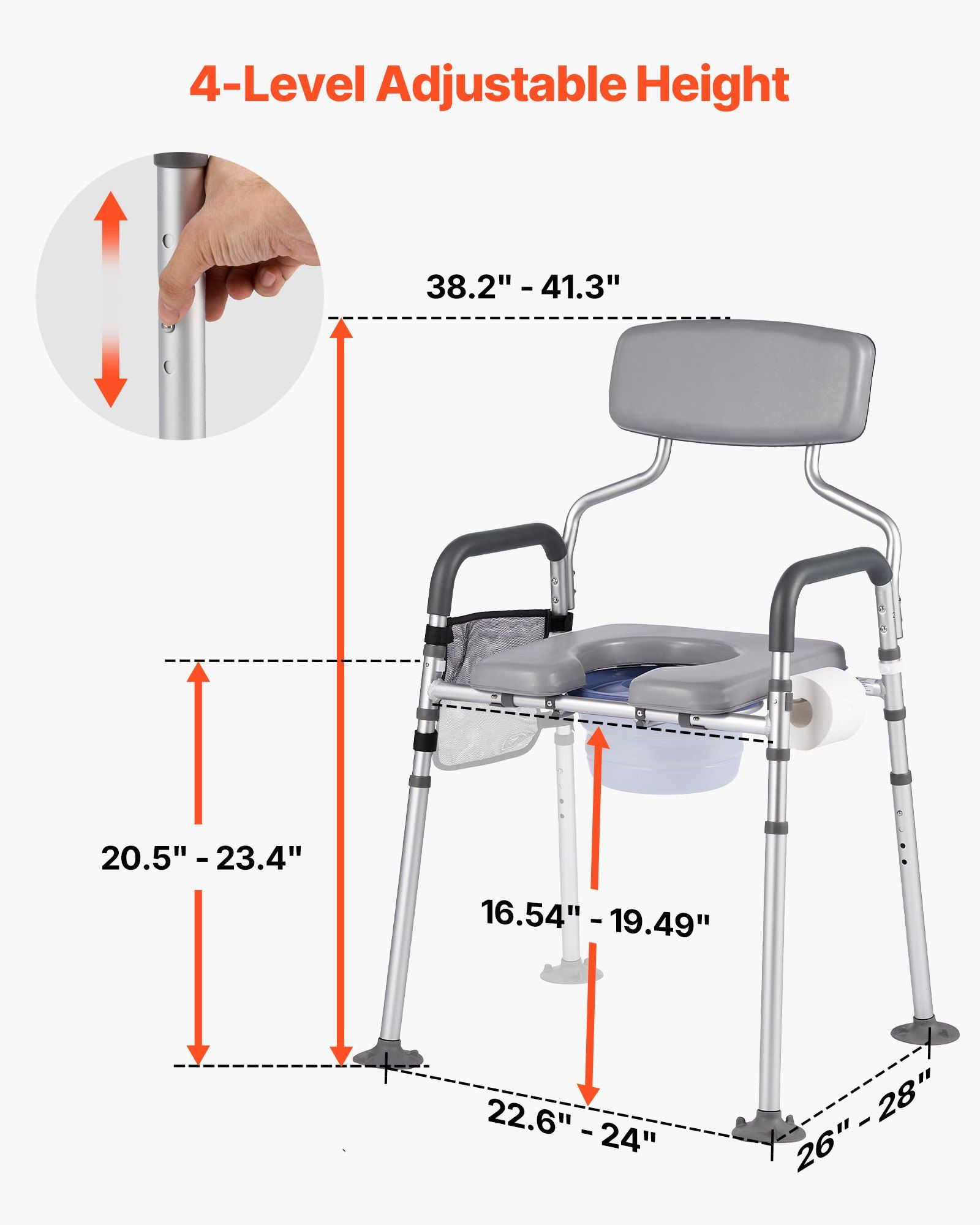 Bedside Commode Chair, 227 kg Capacity, 4-in-1 Portable Toilet and Raised Toilet Seat with Padded Seat & Backrest, Detachable 5L Bucket, Adjustable Height & Width Adult Potty Chair for Seniors - Image 3