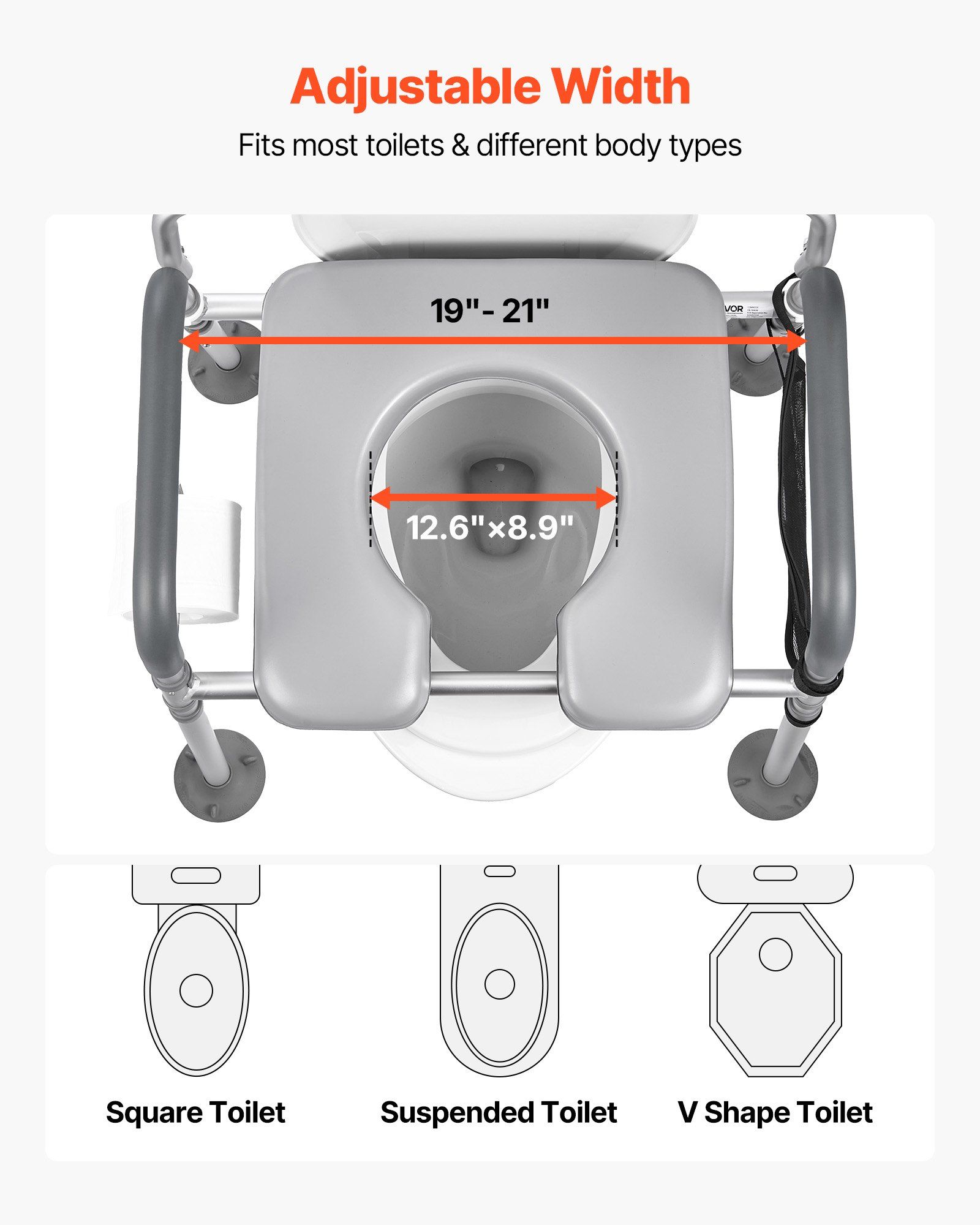 Bedside Commode Chair, 227 kg Capacity, 4-in-1 Portable Toilet and Raised Toilet Seat with Padded Seat & Backrest, Detachable 5L Bucket, Adjustable Height & Width Adult Potty Chair for Seniors - Image 4