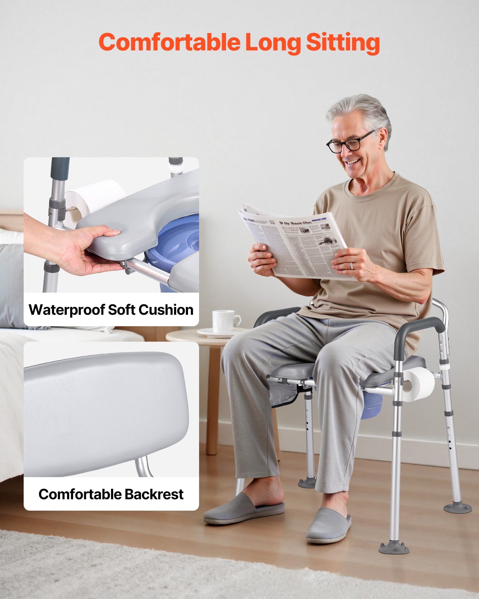 Bedside Commode Chair, 227 kg Capacity, 4-in-1 Portable Toilet and Raised Toilet Seat with Padded Seat & Backrest, Detachable 5L Bucket, Adjustable Height & Width Adult Potty Chair for Seniors - Image 5