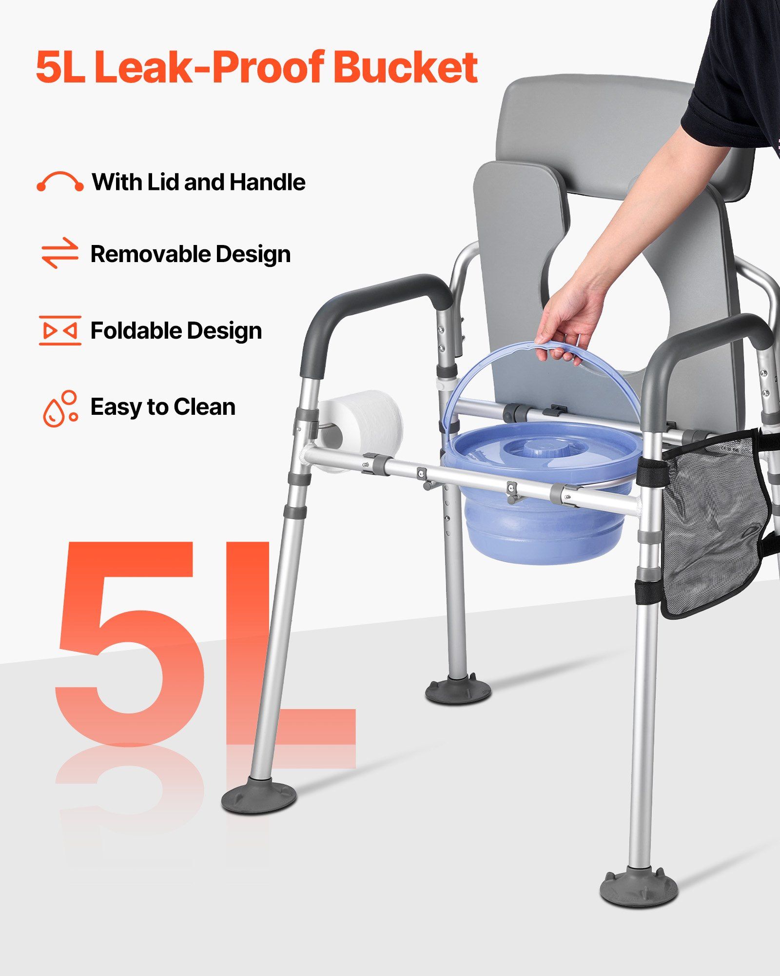 Bedside Commode Chair, 227 kg Capacity, 4-in-1 Portable Toilet and Raised Toilet Seat with Padded Seat & Backrest, Detachable 5L Bucket, Adjustable Height & Width Adult Potty Chair for Seniors - Image 6