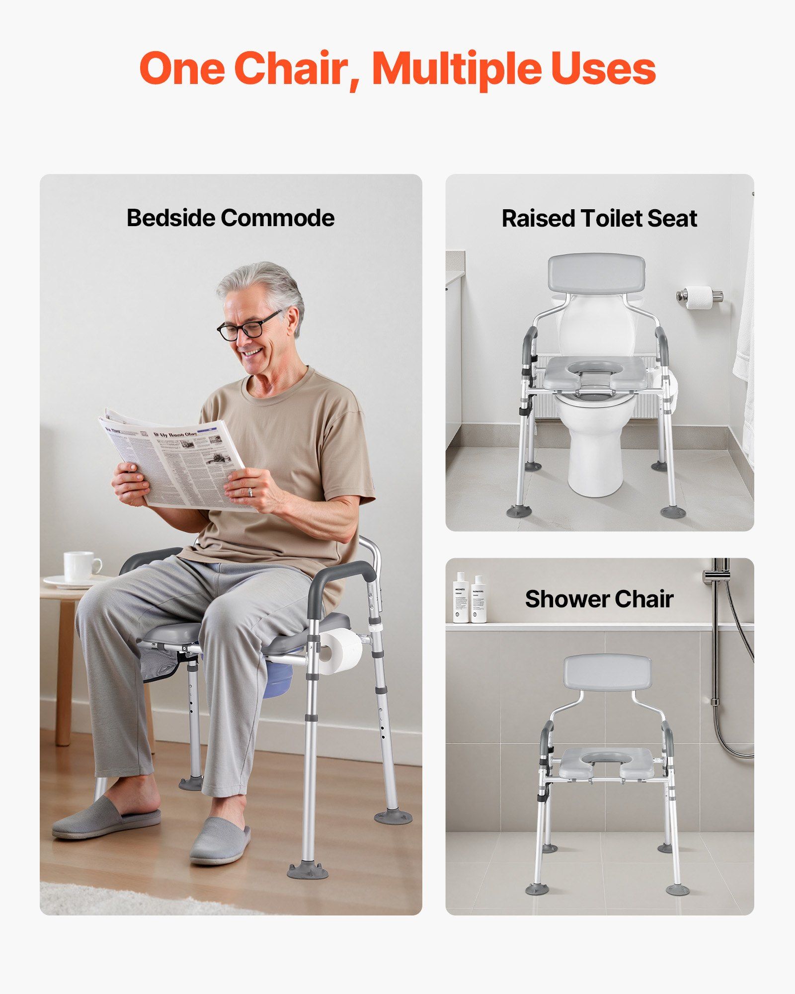 Bedside Commode Chair, 227 kg Capacity, 4-in-1 Portable Toilet and Raised Toilet Seat with Padded Seat & Backrest, Detachable 5L Bucket, Adjustable Height & Width Adult Potty Chair for Seniors - Image 7